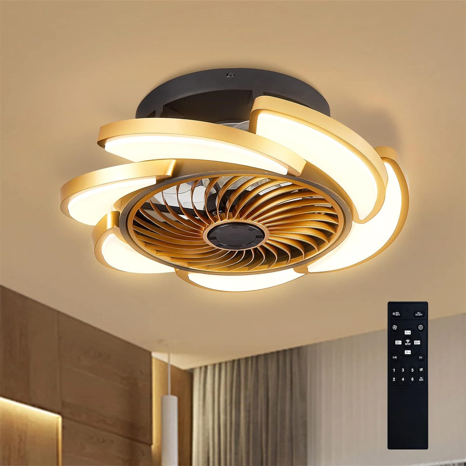 Anmytek 17 Inch Gold Bladeless Ceiling Fan With Light Remote Control 6 Speed Dimmable Enclosed Low Profile Luxury Ceiling Fan