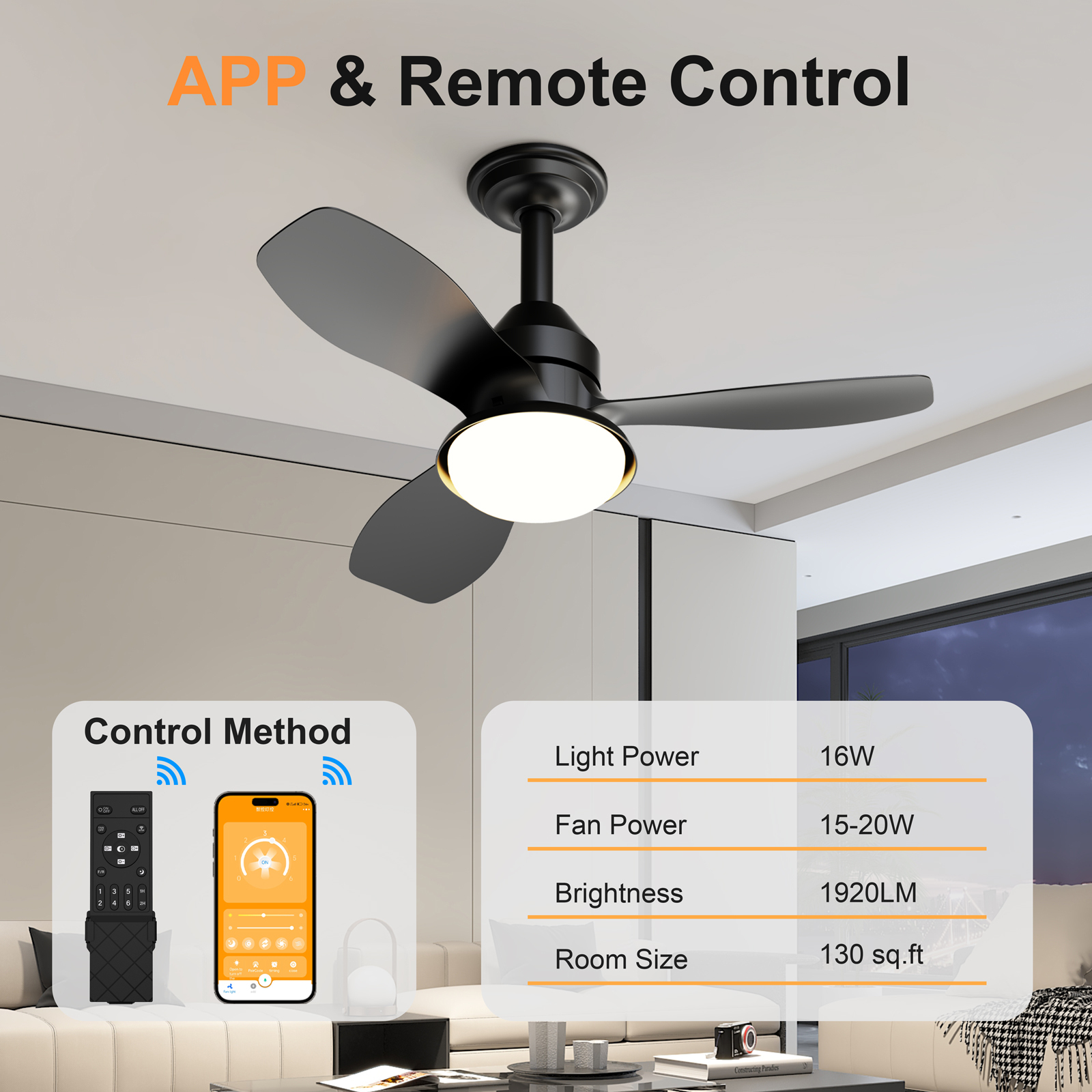 Anmytek 24.4 Inch Black Ceiling Fan With Light 3 Blades 6 Speed Reversible Quiet DC Motor Dimmable LED APP And Remote Control Flush Mount For Bedroom Living Room Covered Patio