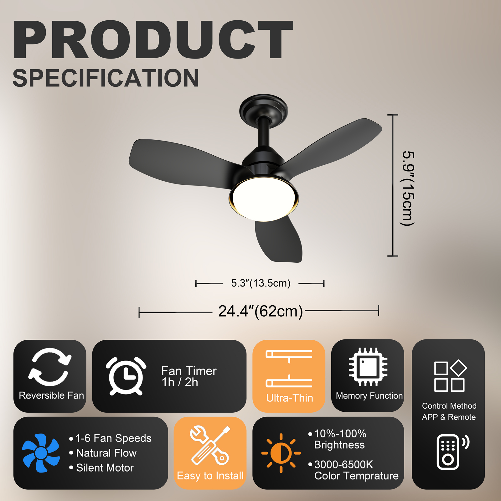Anmytek 24.4 Inch Black Ceiling Fan With Light 3 Blades 6 Speed Reversible Quiet DC Motor Dimmable LED APP And Remote Control Flush Mount For Bedroom Living Room Covered Patio