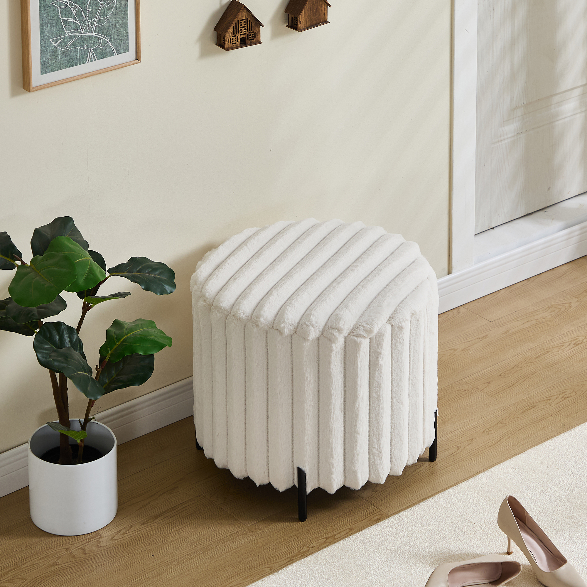Anmytek Round Faux Fur Pouf Ottoman Foot Rest 22.05 Inch Upholstered Footstool with Black Metal Legs for Living Room Bedroom Entryway Beige