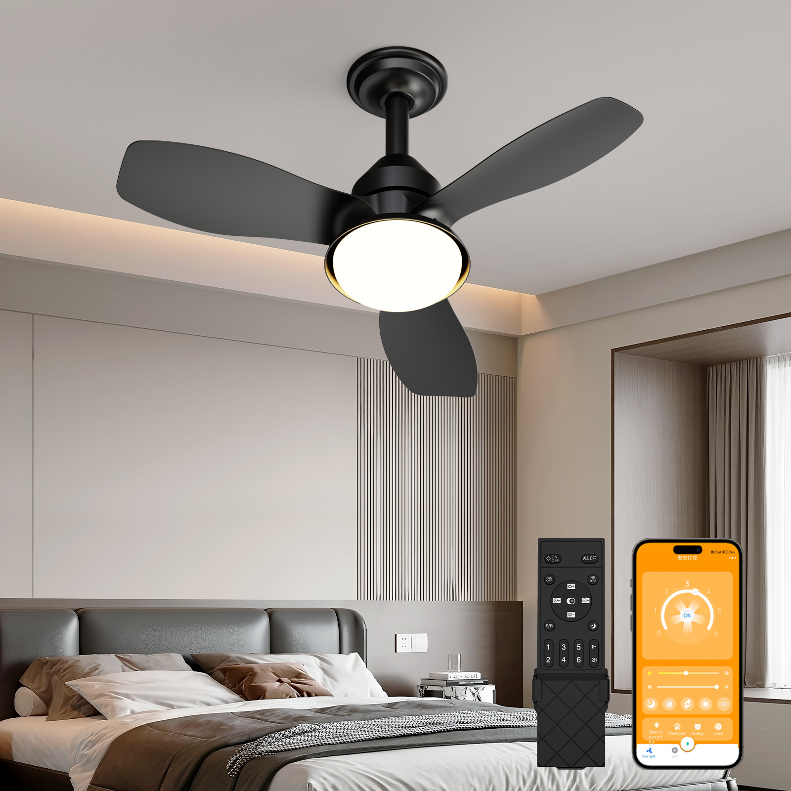 Anmytek 24.4 Inch Black Ceiling Fan With Light 3 Blades 6 Speed Reversible Quiet DC Motor Dimmable LED APP And Remote Control Flush Mount For Bedroom Living Room Covered Patio