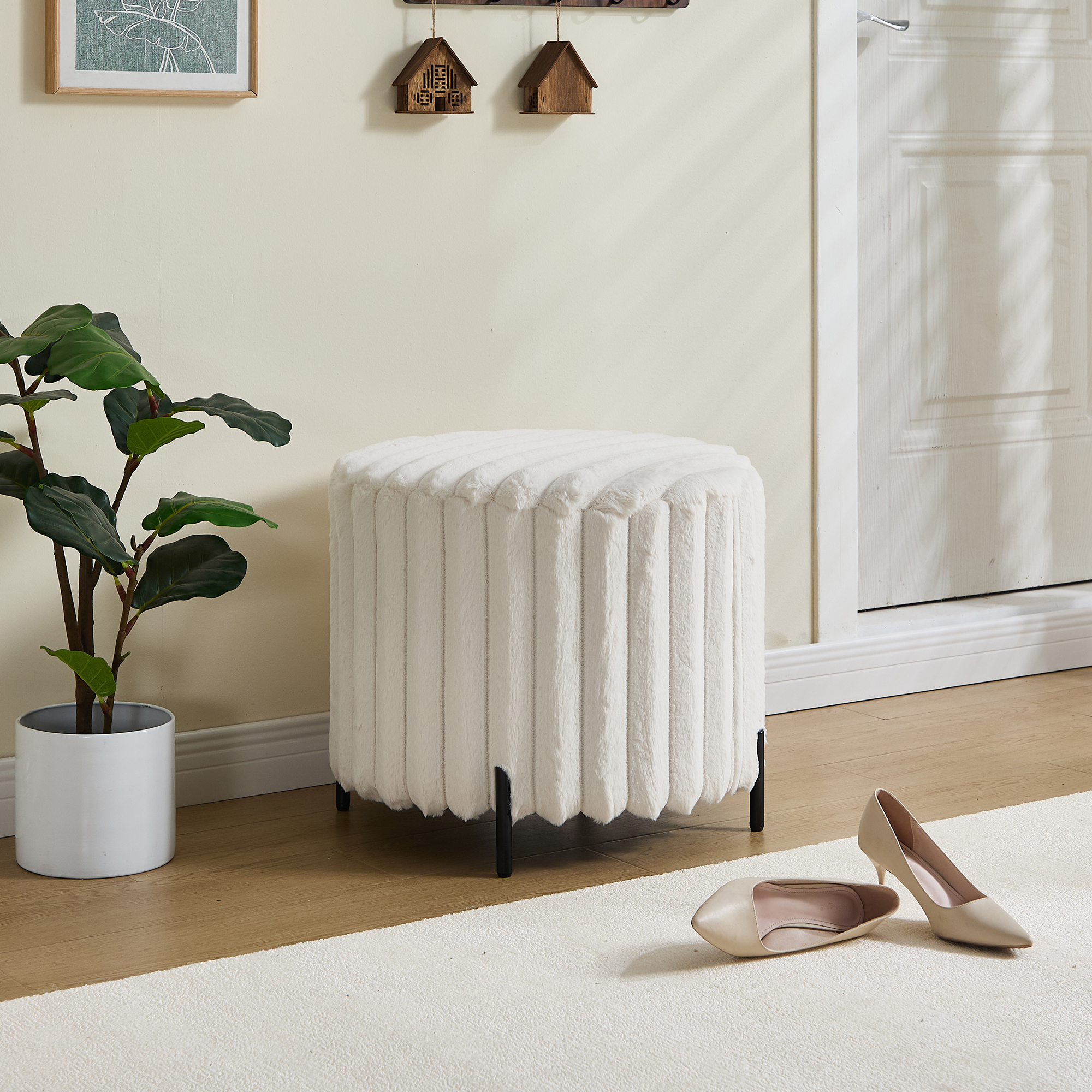Anmytek Round Faux Fur Pouf Ottoman Foot Rest 22.05 Inch Upholstered Footstool with Black Metal Legs for Living Room Bedroom Entryway Beige