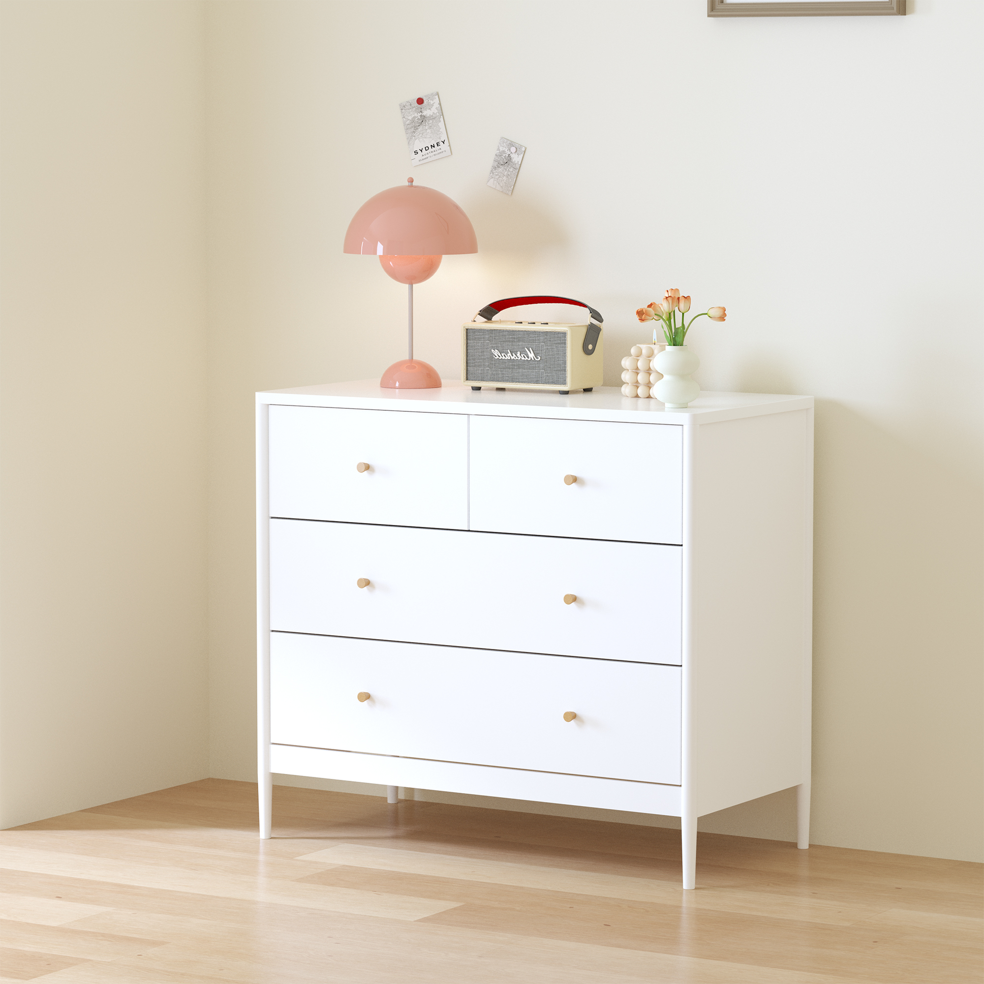 Anmytek White 4 Drawer Kids Dresser 35.4 Inch Wide Wooden Storage Cabinet Multifunctional Organizer for Toddler Bedroom Nursery Closet Living Room Apartment