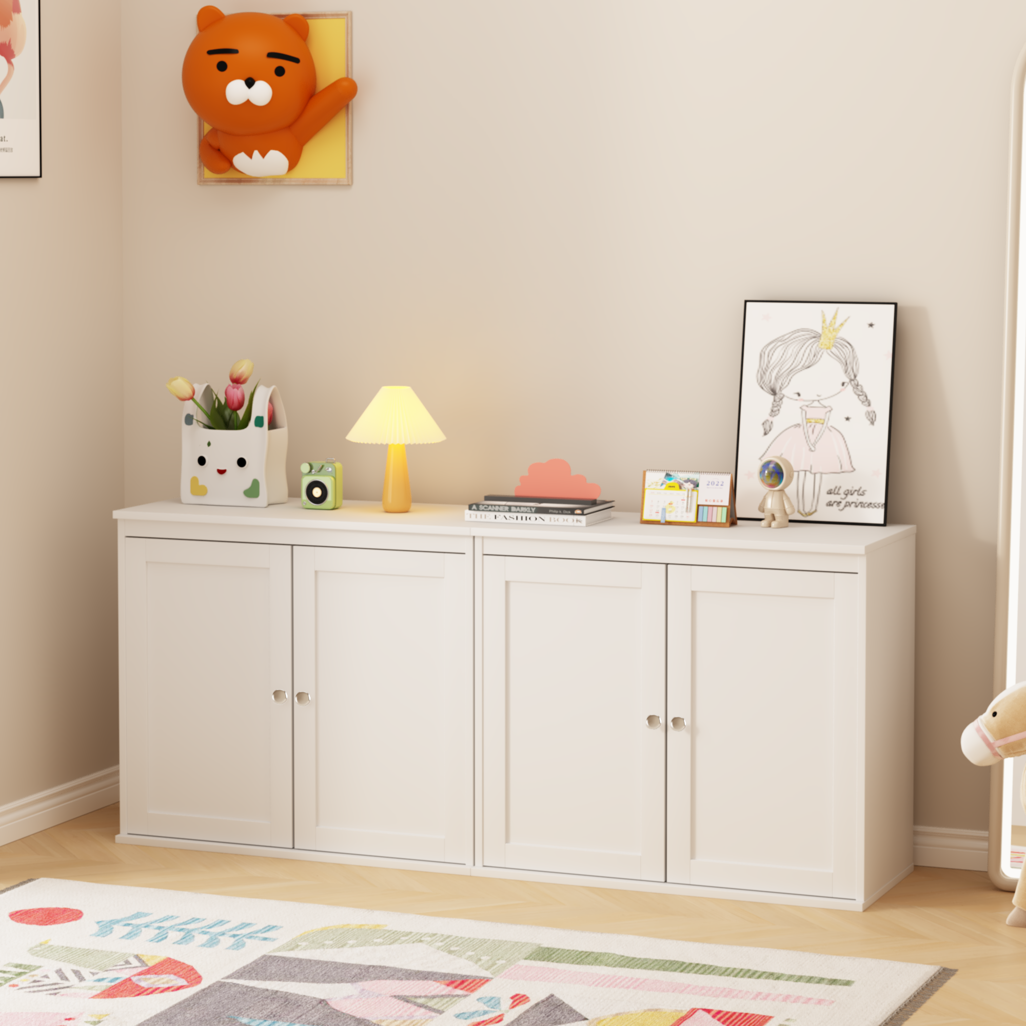 Anmytek Modern White Sideboard Buffet Cabinet Double Door Kitchen Storage Cupboard with Adjustable Shelves Coffee Bar Cabinet for Dining Room Living Room Entryway
