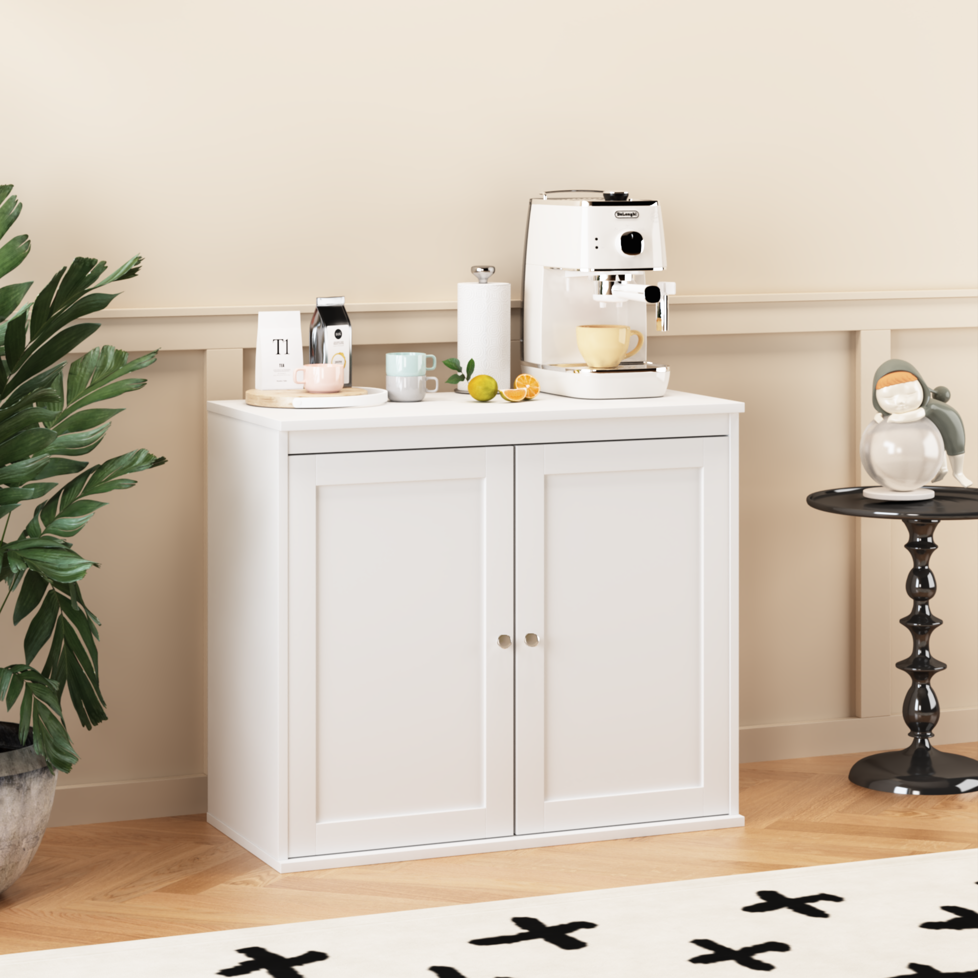 Anmytek Modern White Sideboard Buffet Cabinet Double Door Kitchen Storage Cupboard with Adjustable Shelves Coffee Bar Cabinet for Dining Room Living Room Entryway