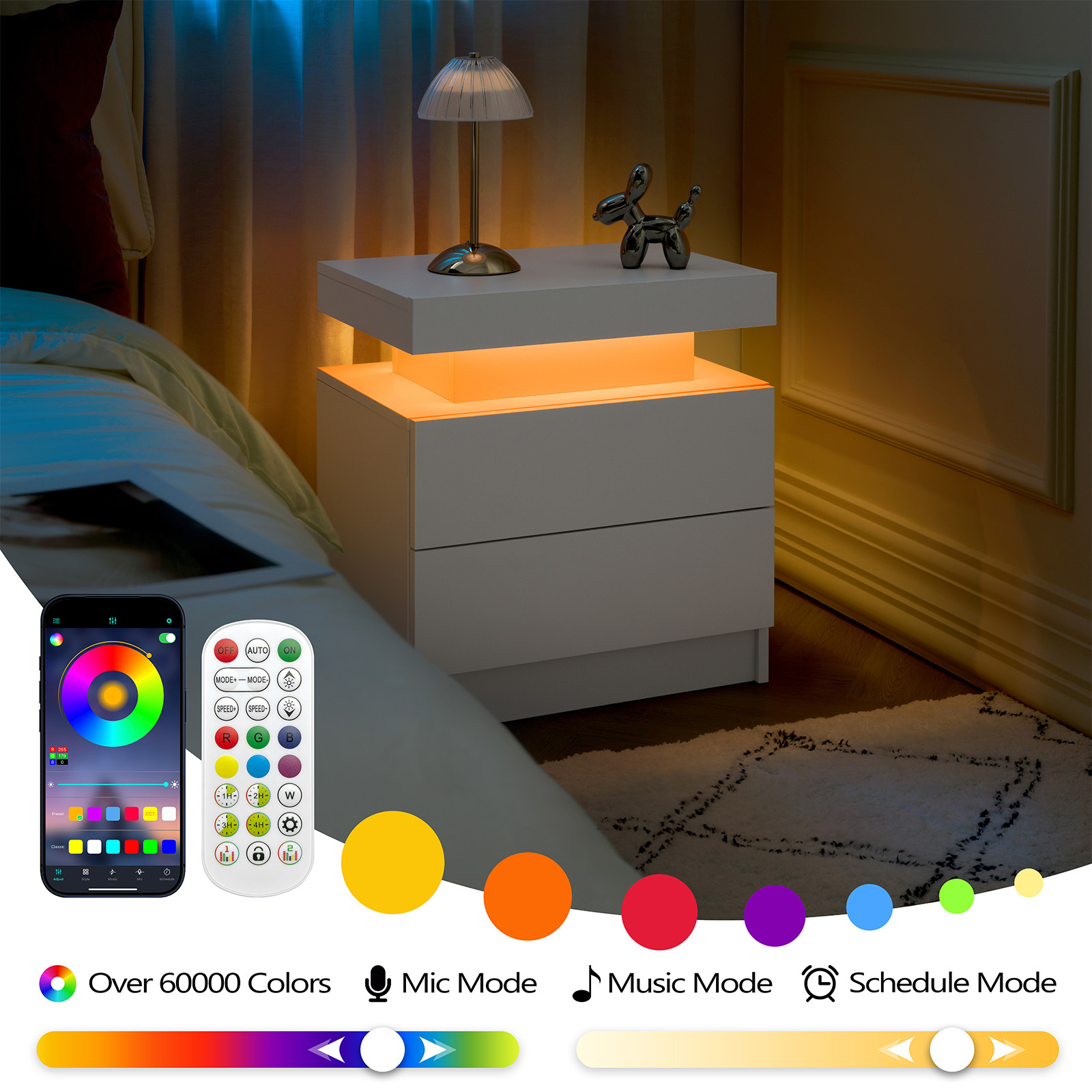 Anmytek White LED Nightstand Modern Bedside Cabinet with 2 Drawers End Side Table for Bedroom