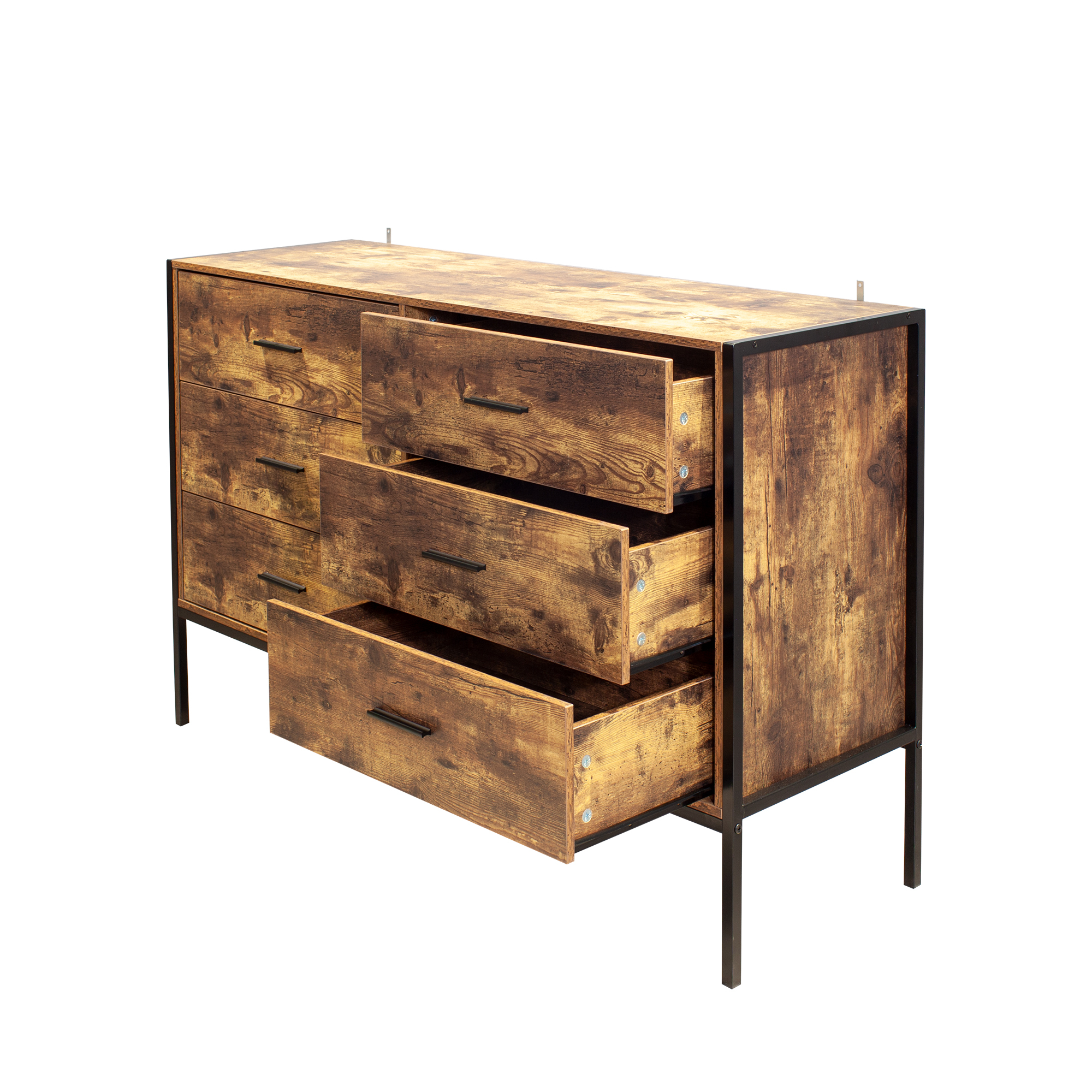 Anmytek Industrial Rustic Brown 6 Drawer Double Dresser Wood Storage Chest with Sturdy Steel Frame Clothes Organizer Cabinet for Bedroom Living Room