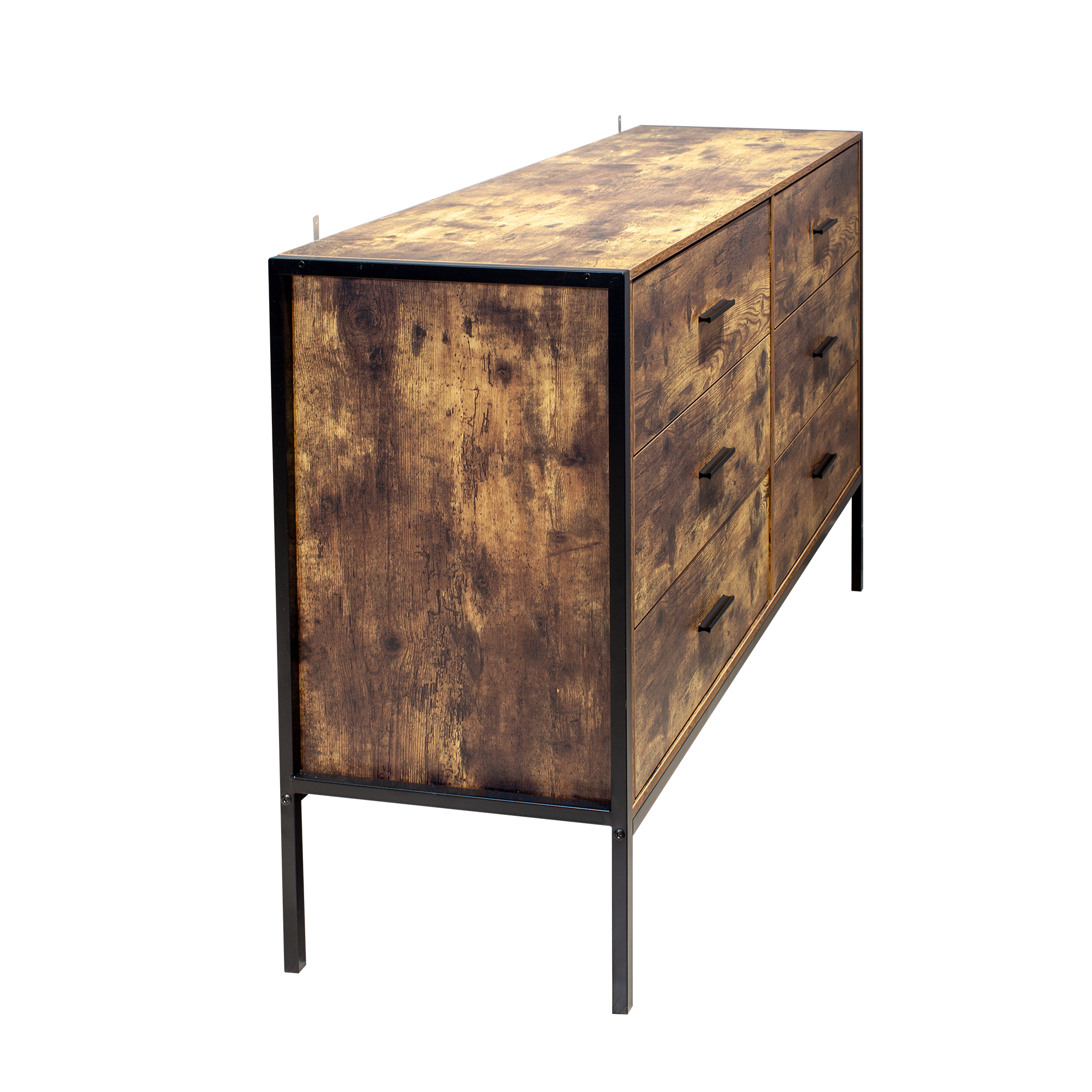 Anmytek Industrial Rustic Brown 6 Drawer Double Dresser Wood Storage Chest with Sturdy Steel Frame Clothes Organizer Cabinet for Bedroom Living Room