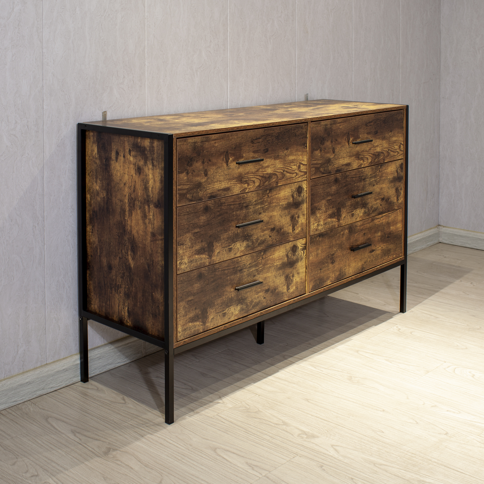 Anmytek Industrial Rustic Brown 6 Drawer Double Dresser Wood Storage Chest with Sturdy Steel Frame Clothes Organizer Cabinet for Bedroom Living Room