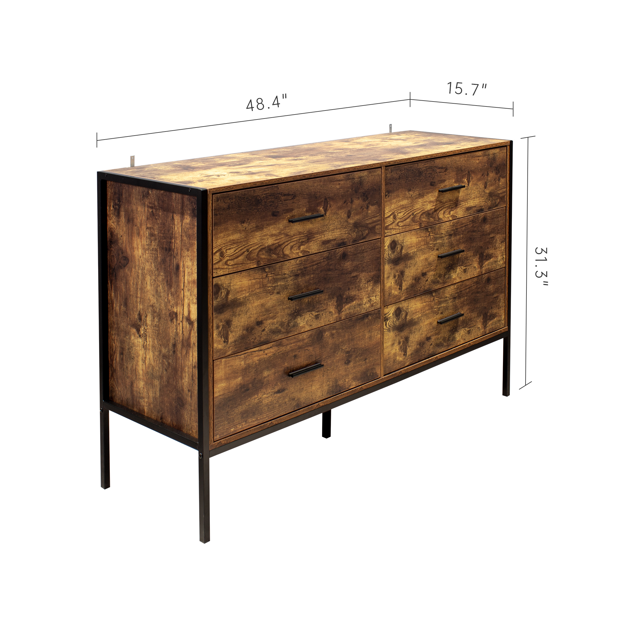 Anmytek Industrial Rustic Brown 6 Drawer Double Dresser Wood Storage Chest with Sturdy Steel Frame Clothes Organizer Cabinet for Bedroom Living Room