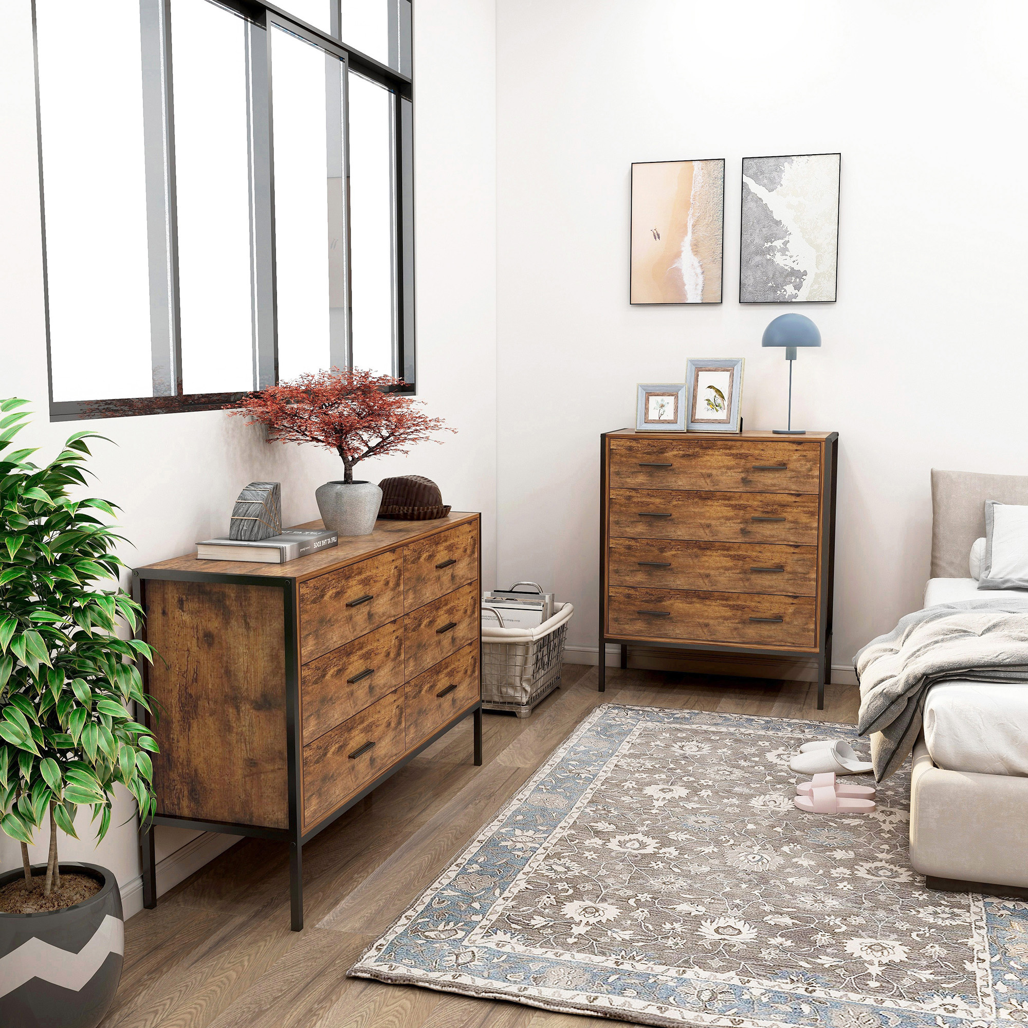 Anmytek Industrial Rustic Brown 6 Drawer Double Dresser Wood Storage Chest with Sturdy Steel Frame Clothes Organizer Cabinet for Bedroom Living Room