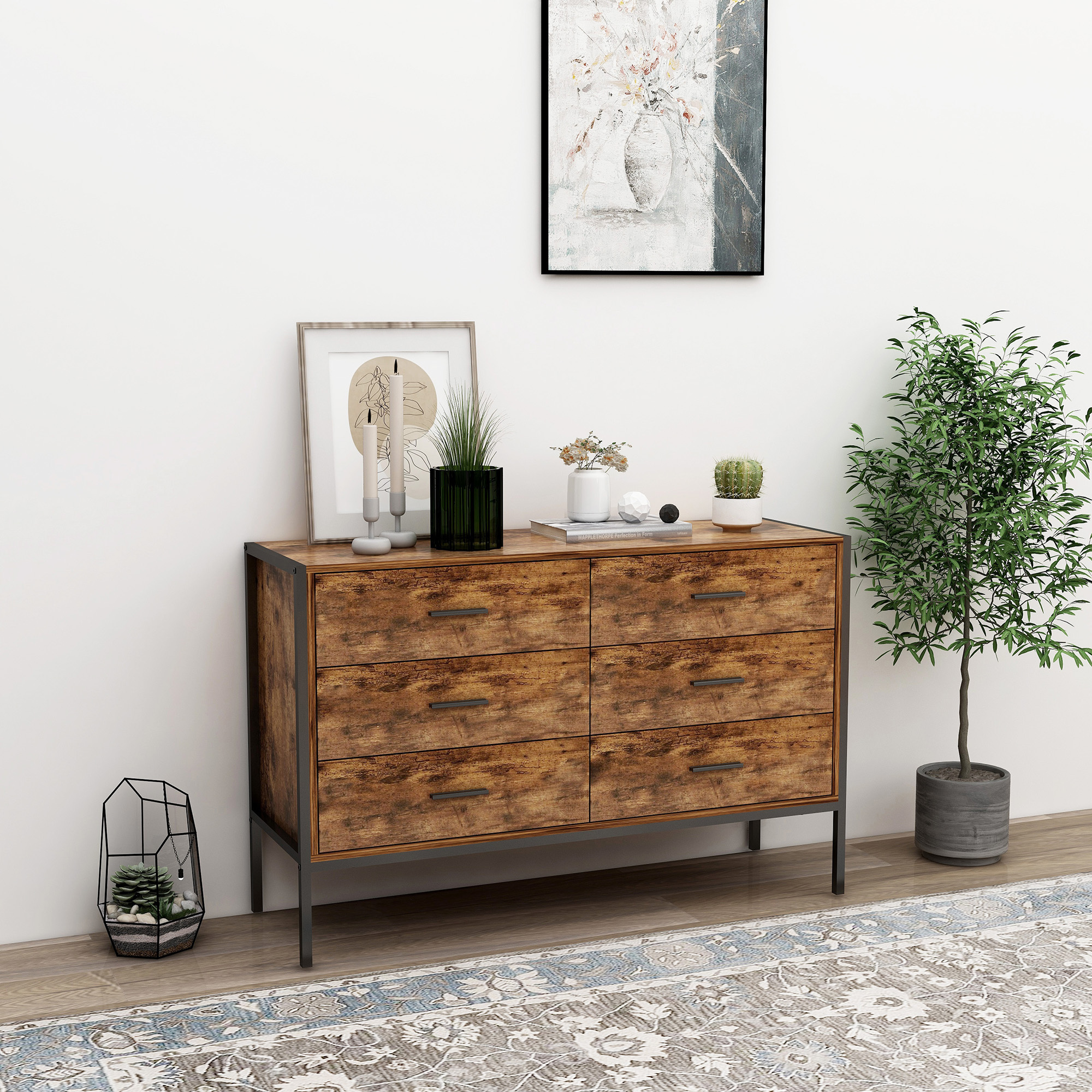 Anmytek Industrial Rustic Brown 6 Drawer Double Dresser Wood Storage Chest with Sturdy Steel Frame Clothes Organizer Cabinet for Bedroom Living Room
