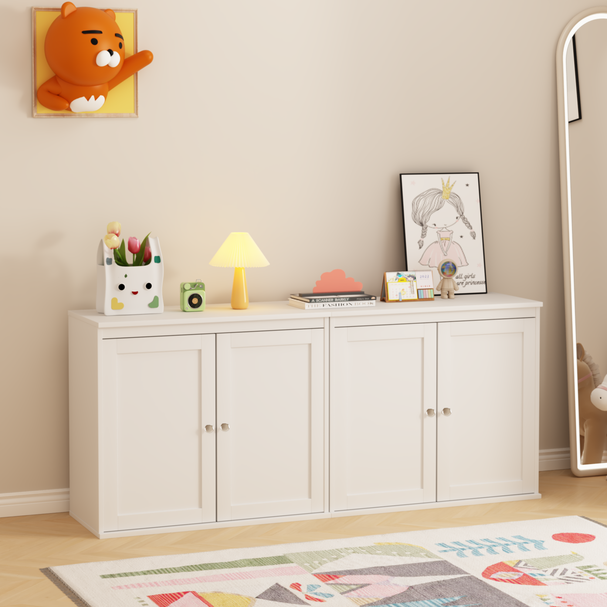 Anmytek Modern White Sideboard Buffet Cabinet Double Door Kitchen Storage Cupboard with Adjustable Shelves Coffee Bar Cabinet for Dining Room Living Room Entryway