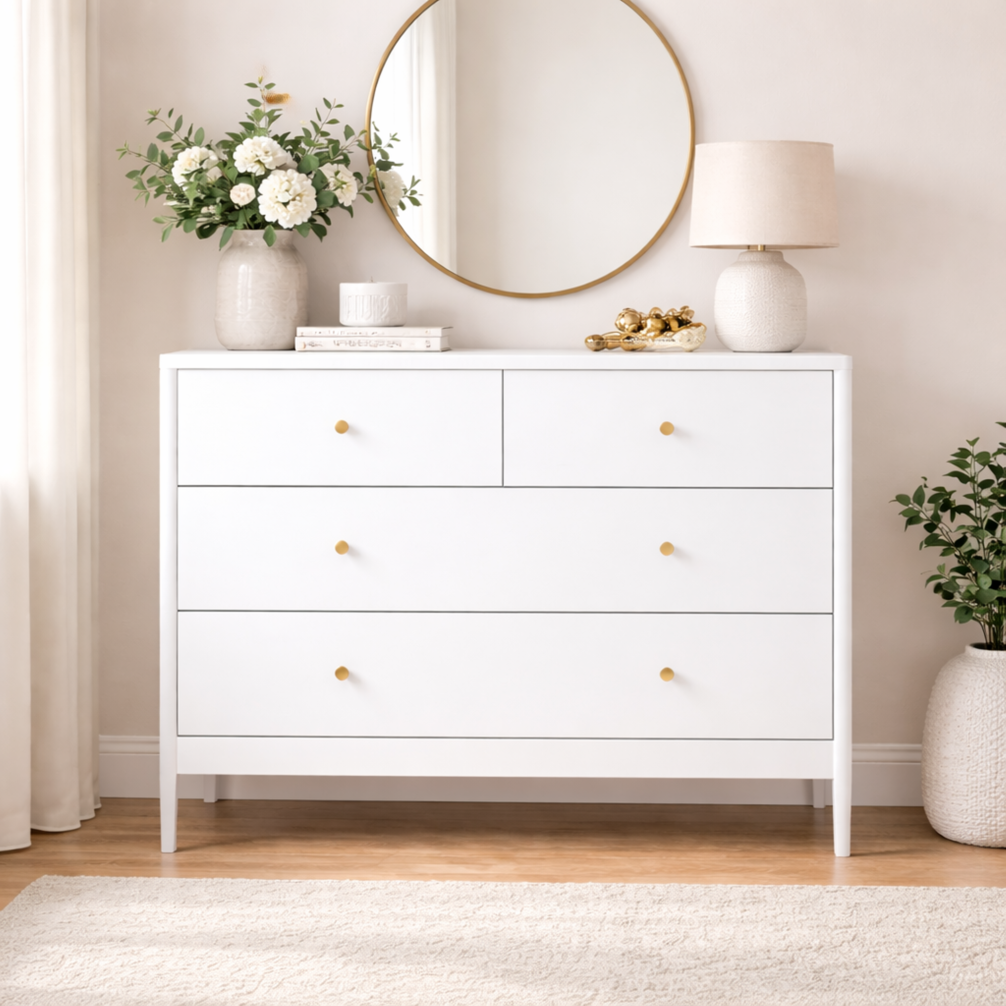 Anmytek White 4 Drawer Kids Dresser 35.4 Inch Wide Wooden Storage Cabinet Multifunctional Organizer for Toddler Bedroom Nursery Closet Living Room Apartment