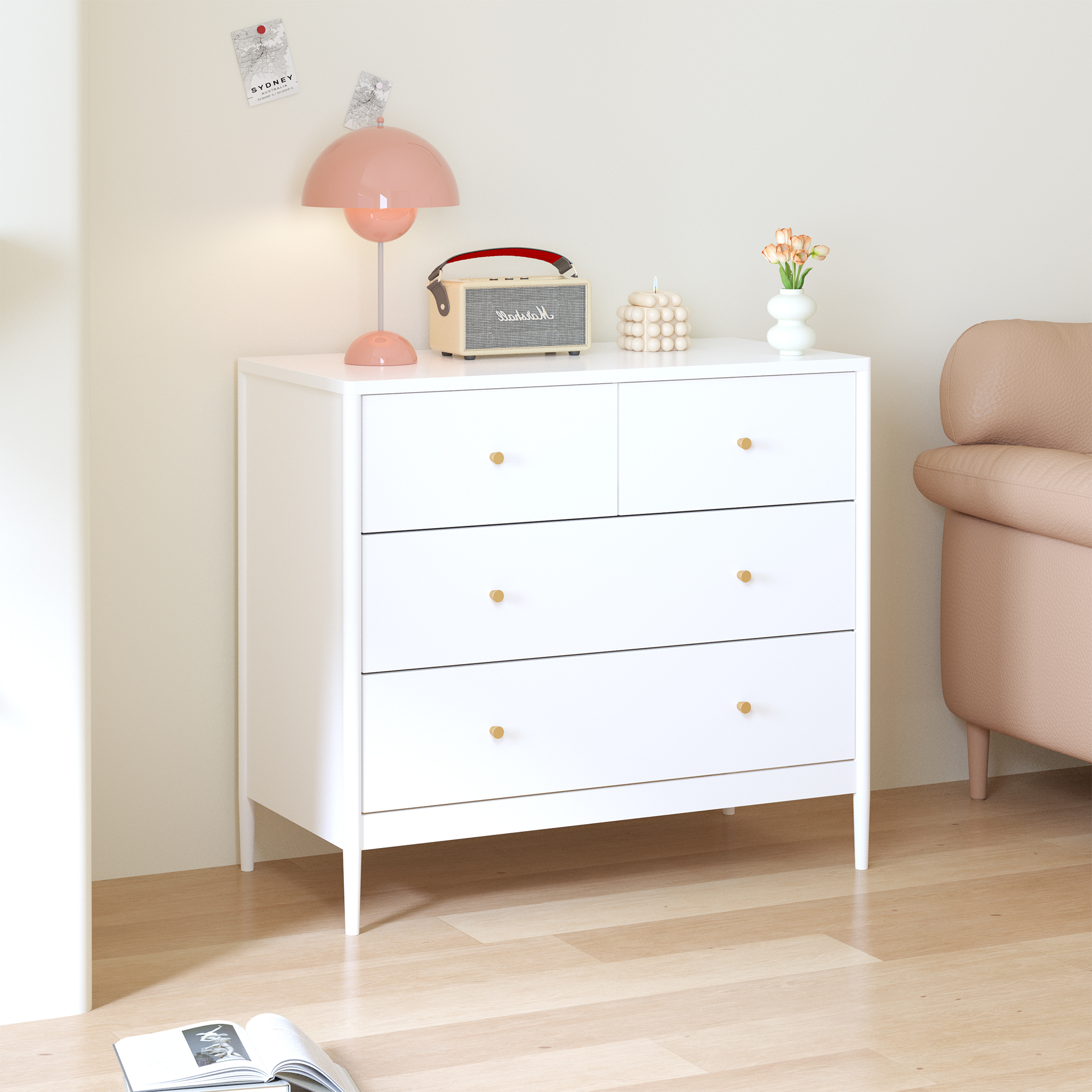 Anmytek White 4 Drawer Kids Dresser 35.4 Inch Wide Wooden Storage Cabinet Multifunctional Organizer for Toddler Bedroom Nursery Closet Living Room Apartment