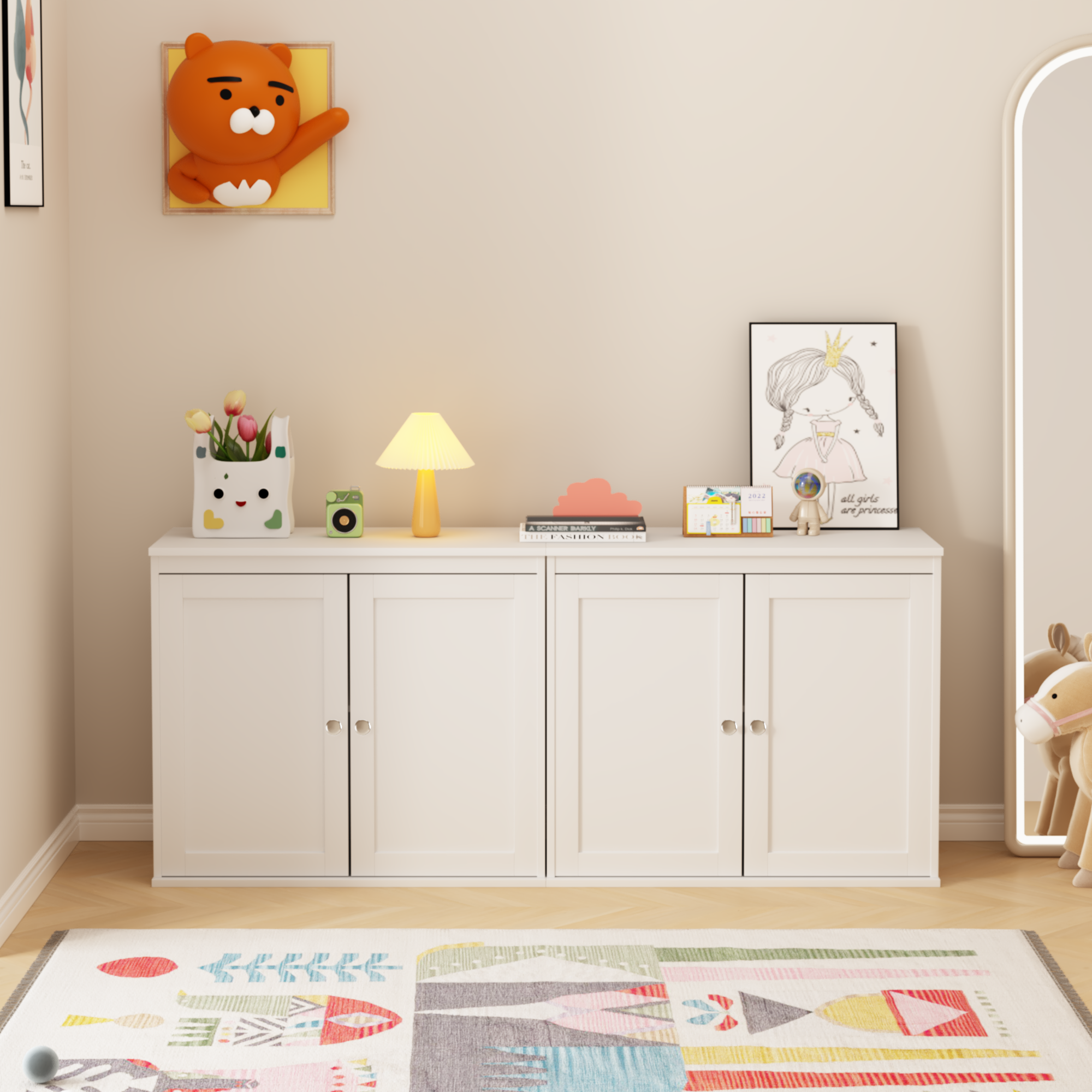 Anmytek Modern White Sideboard Buffet Cabinet Double Door Kitchen Storage Cupboard with Adjustable Shelves Coffee Bar Cabinet for Dining Room Living Room Entryway