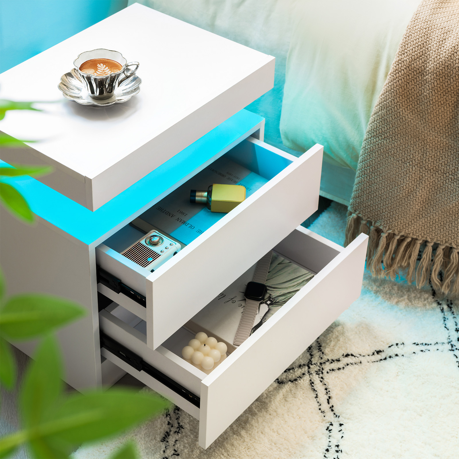 Anmytek White LED Nightstand Modern Bedside Cabinet with 2 Drawers End Side Table for Bedroom