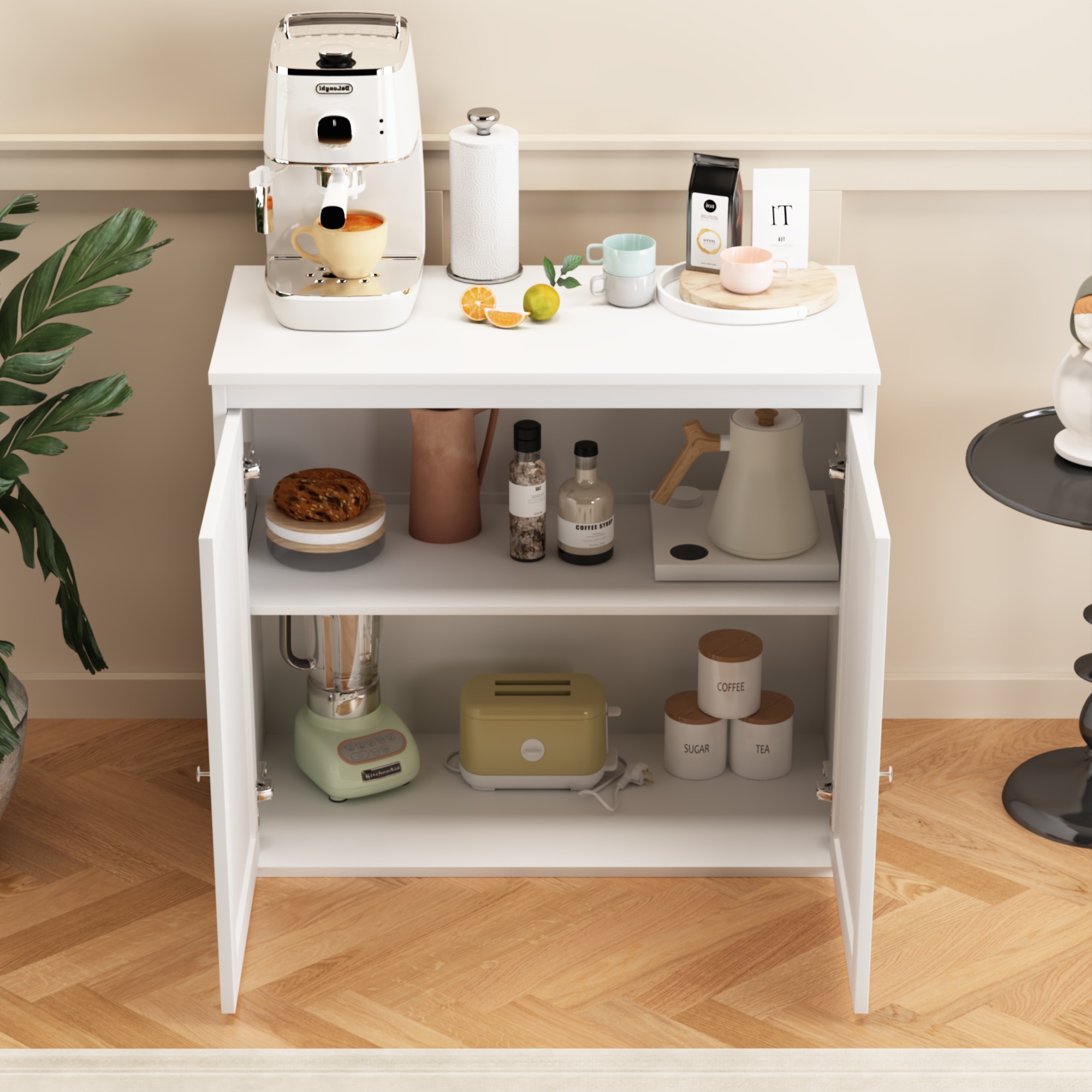 Anmytek Modern White Sideboard Buffet Cabinet Double Door Kitchen Storage Cupboard with Adjustable Shelves Coffee Bar Cabinet for Dining Room Living Room Entryway