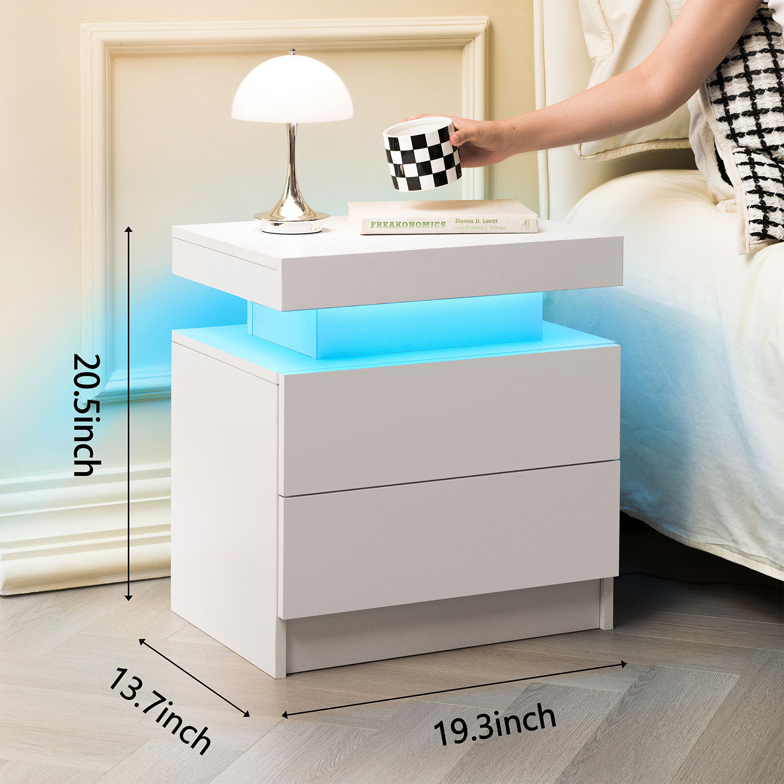 Anmytek White LED Nightstand Modern Bedside Cabinet with 2 Drawers End Side Table for Bedroom