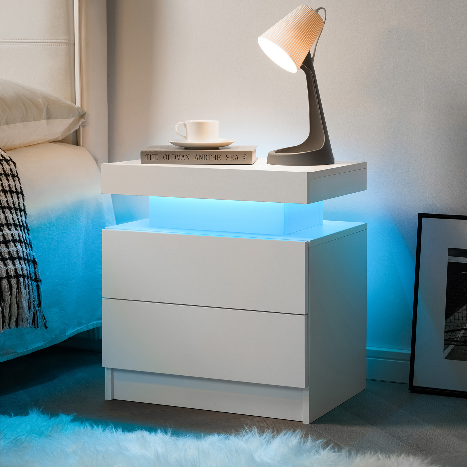 Anmytek White LED Nightstand Modern Bedside Cabinet with 2 Drawers End Side Table for Bedroom