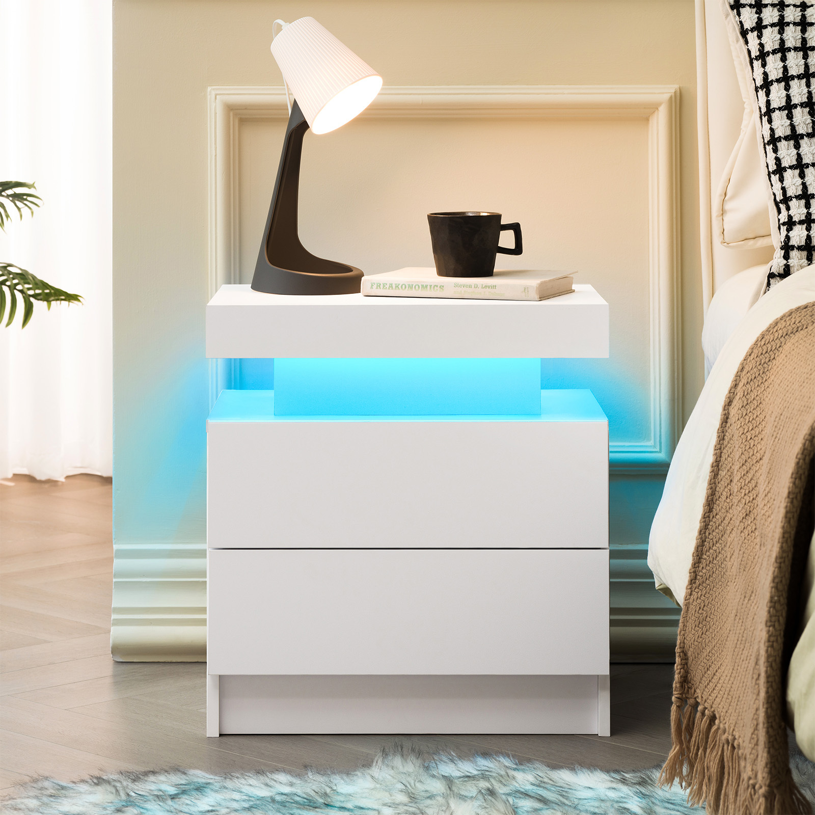 Anmytek White LED Nightstand Modern Bedside Cabinet with 2 Drawers End Side Table for Bedroom