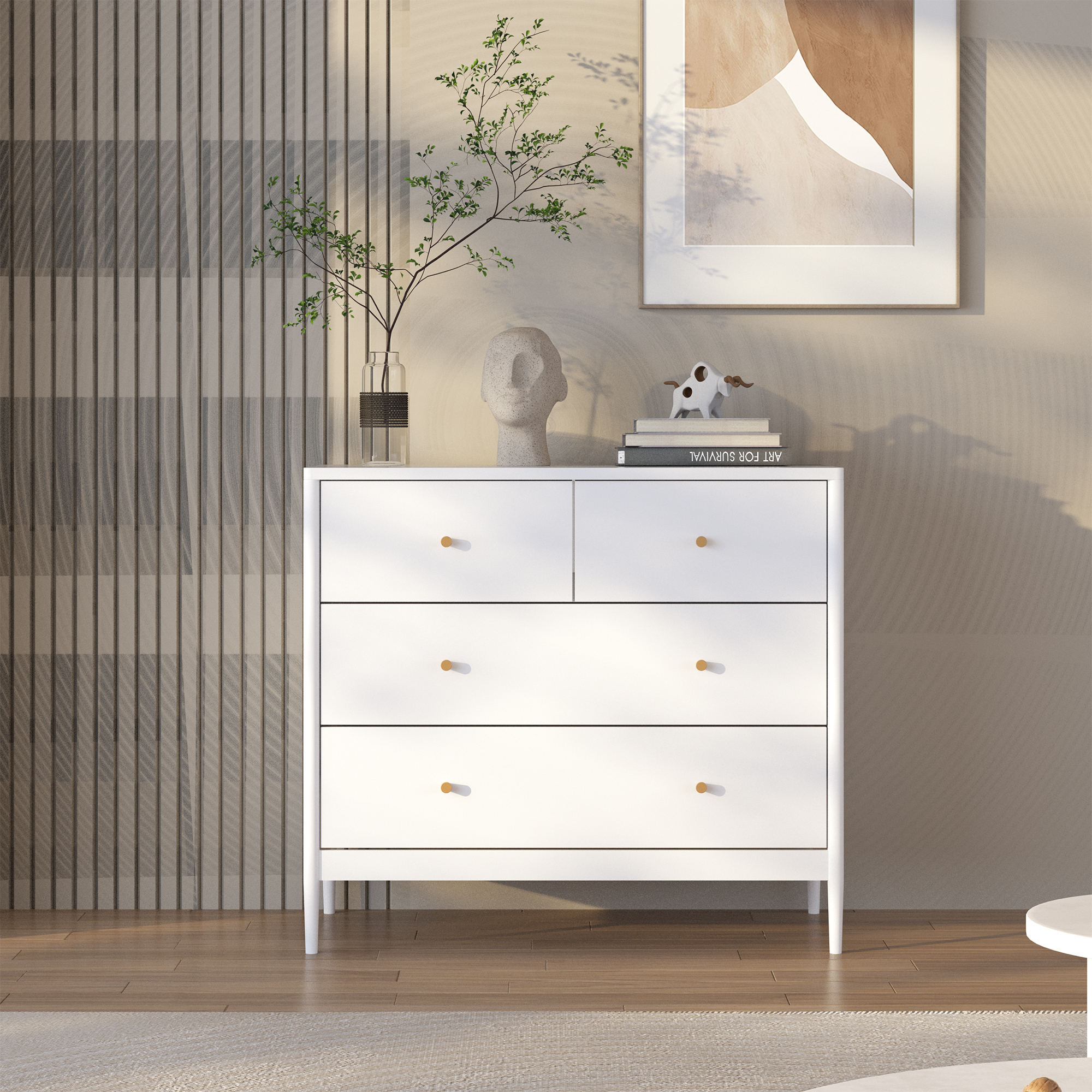Anmytek White 4 Drawer Kids Dresser 35.4 Inch Wide Wooden Storage Cabinet Multifunctional Organizer for Toddler Bedroom Nursery Closet Living Room Apartment