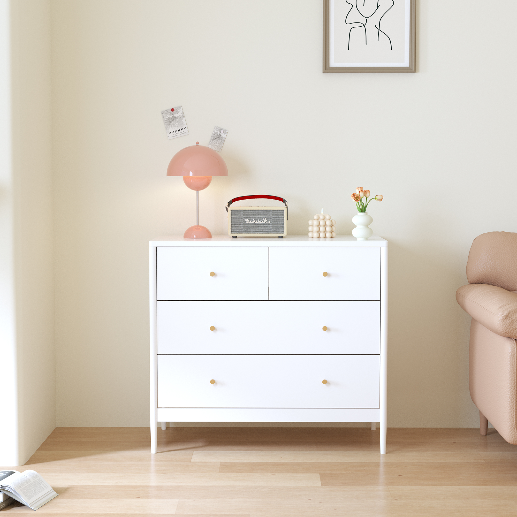 Anmytek White 4 Drawer Kids Dresser 35.4 Inch Wide Wooden Storage Cabinet Multifunctional Organizer for Toddler Bedroom Nursery Closet Living Room Apartment