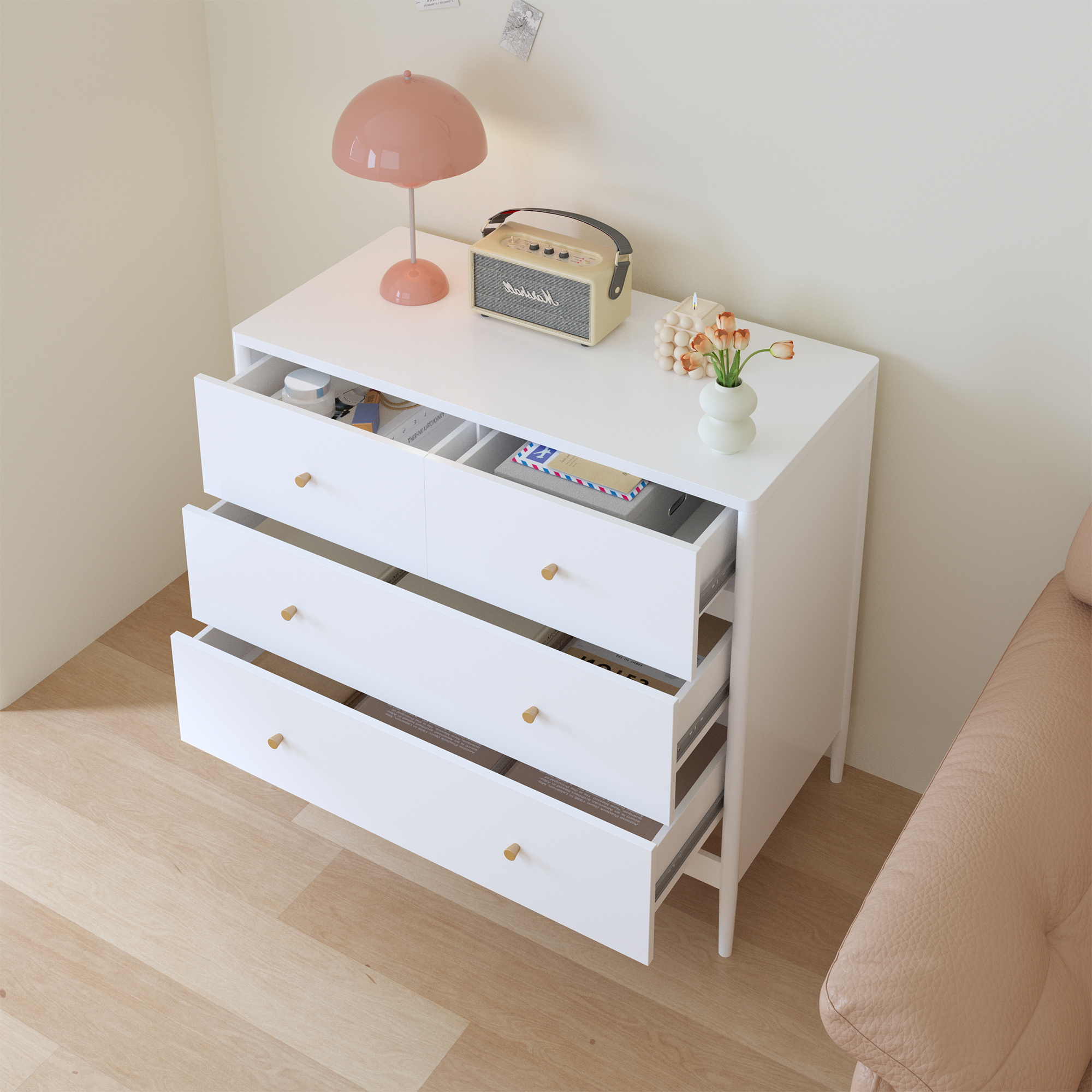 Anmytek White 4 Drawer Kids Dresser 35.4 Inch Wide Wooden Storage Cabinet Multifunctional Organizer for Toddler Bedroom Nursery Closet Living Room Apartment