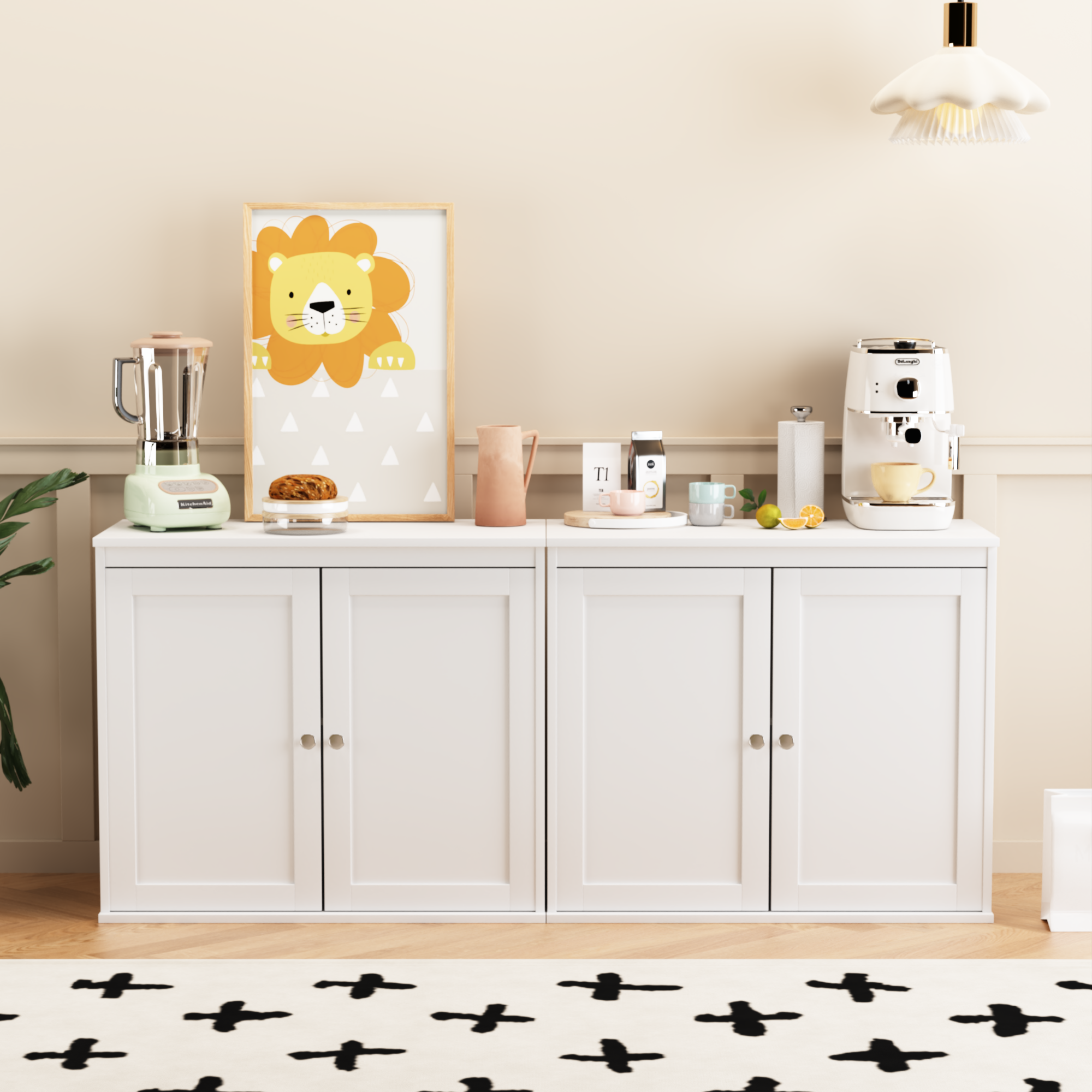 Anmytek Modern White Sideboard Buffet Cabinet Double Door Kitchen Storage Cupboard with Adjustable Shelves Coffee Bar Cabinet for Dining Room Living Room Entryway