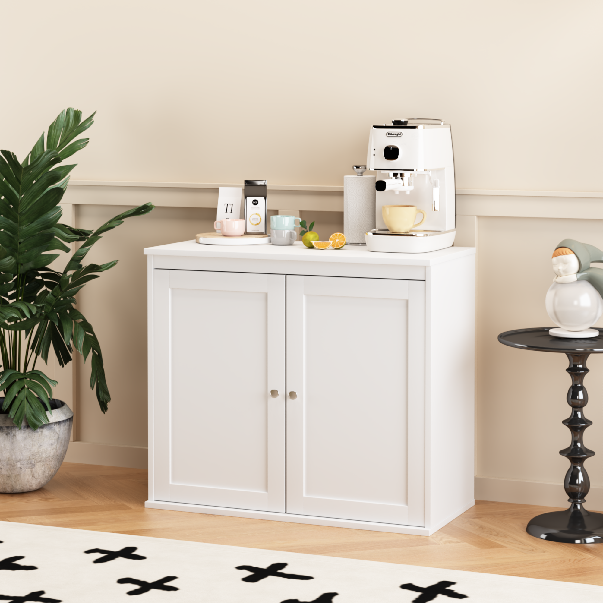Anmytek Modern White Sideboard Buffet Cabinet Double Door Kitchen Storage Cupboard with Adjustable Shelves Coffee Bar Cabinet for Dining Room Living Room Entryway