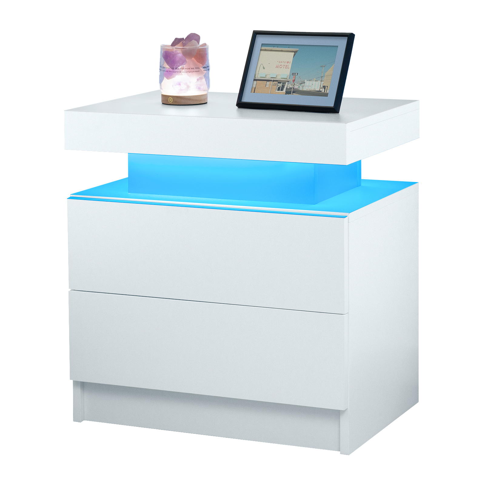 Anmytek White LED Nightstand Modern Bedside Cabinet with 2 Drawers End Side Table for Bedroom