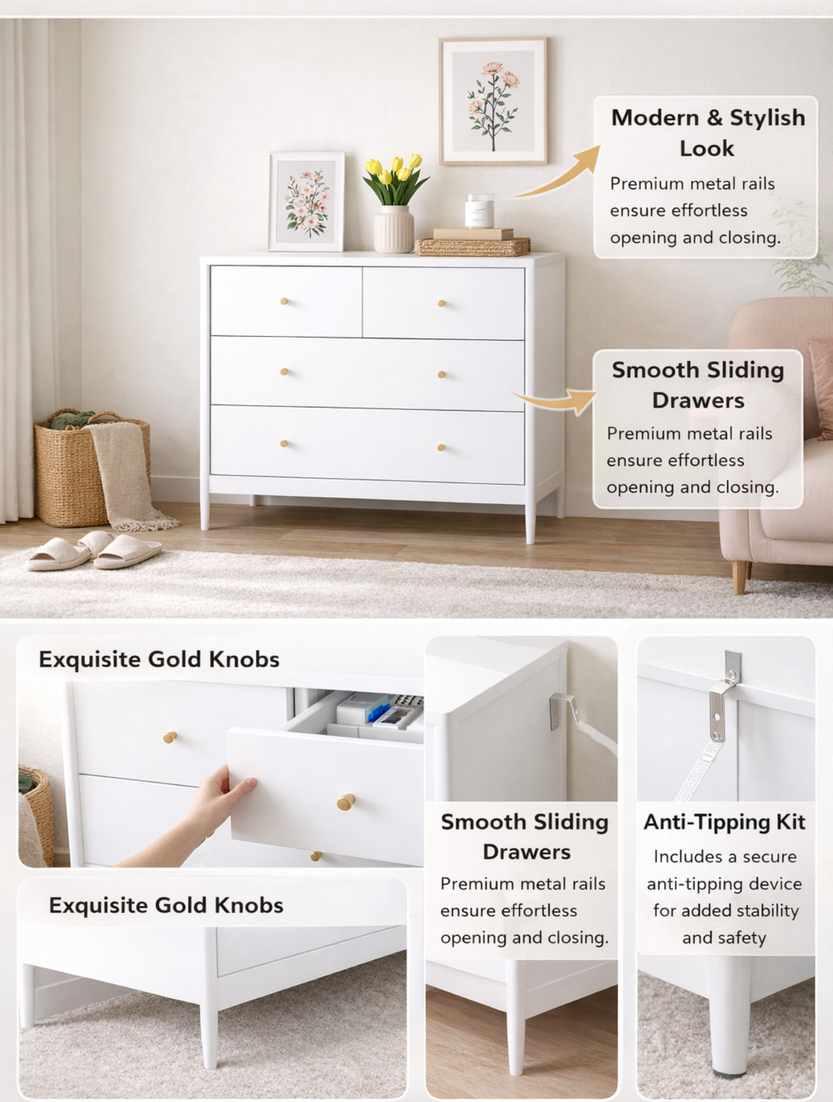 Anmytek White 4 Drawer Kids Dresser 35.4 Inch Wide Wooden Storage Cabinet Multifunctional Organizer for Toddler Bedroom Nursery Closet Living Room Apartment