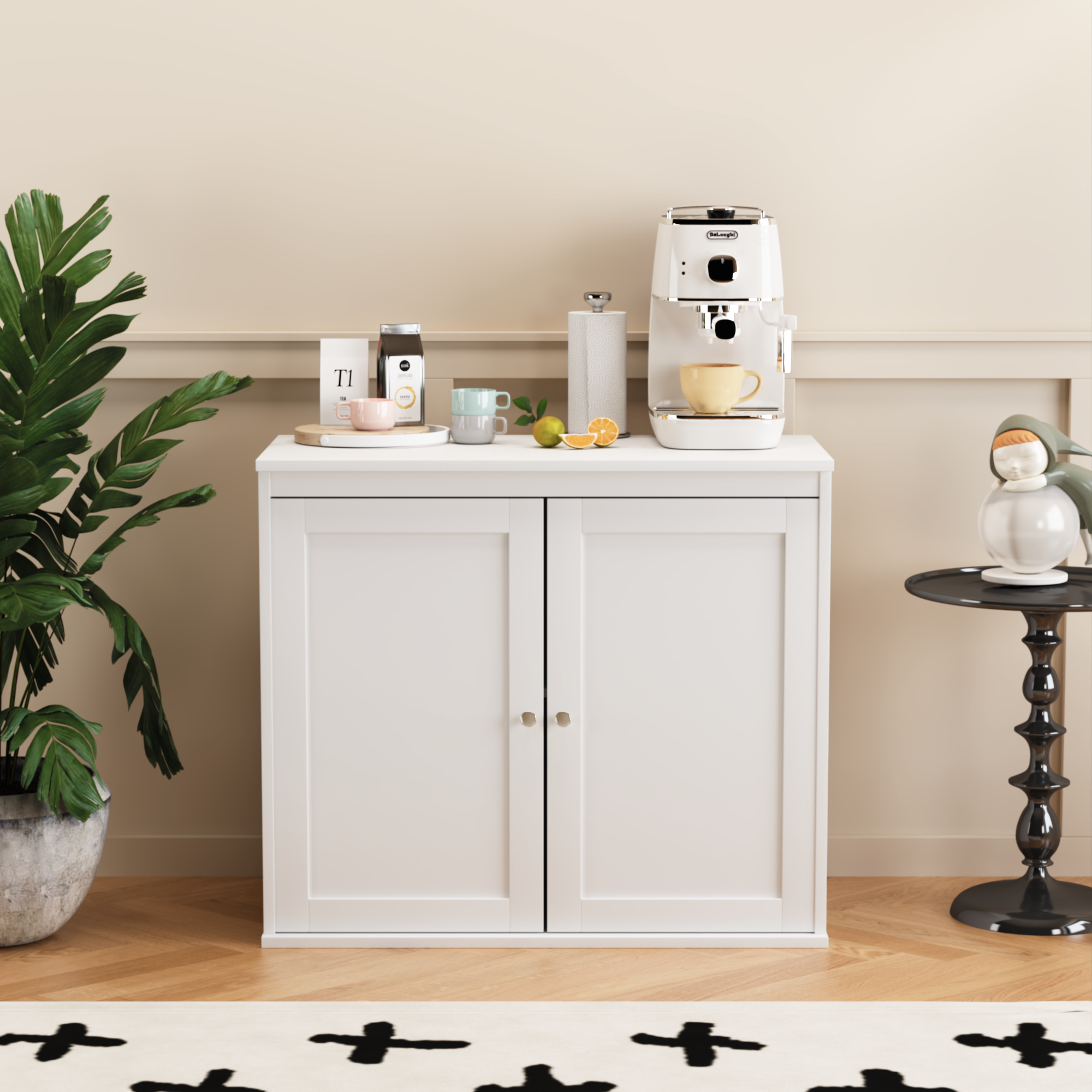 Anmytek Modern White Sideboard Buffet Cabinet Double Door Kitchen Storage Cupboard with Adjustable Shelves Coffee Bar Cabinet for Dining Room Living Room Entryway