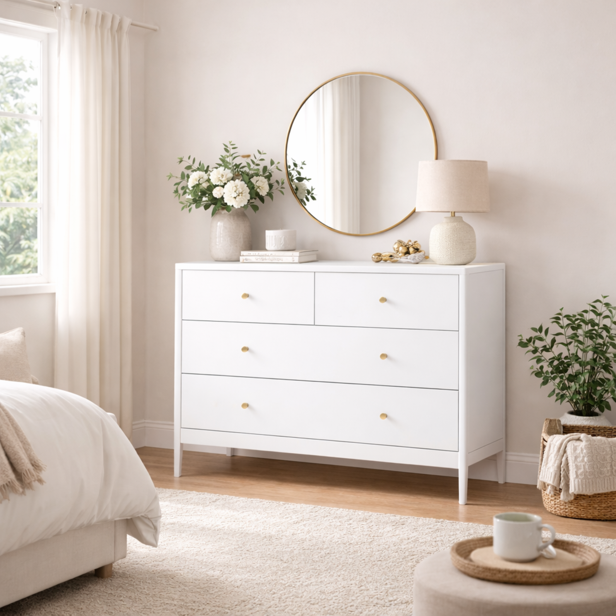 Anmytek White 4 Drawer Kids Dresser 35.4 Inch Wide Wooden Storage Cabinet Multifunctional Organizer for Toddler Bedroom Nursery Closet Living Room Apartment
