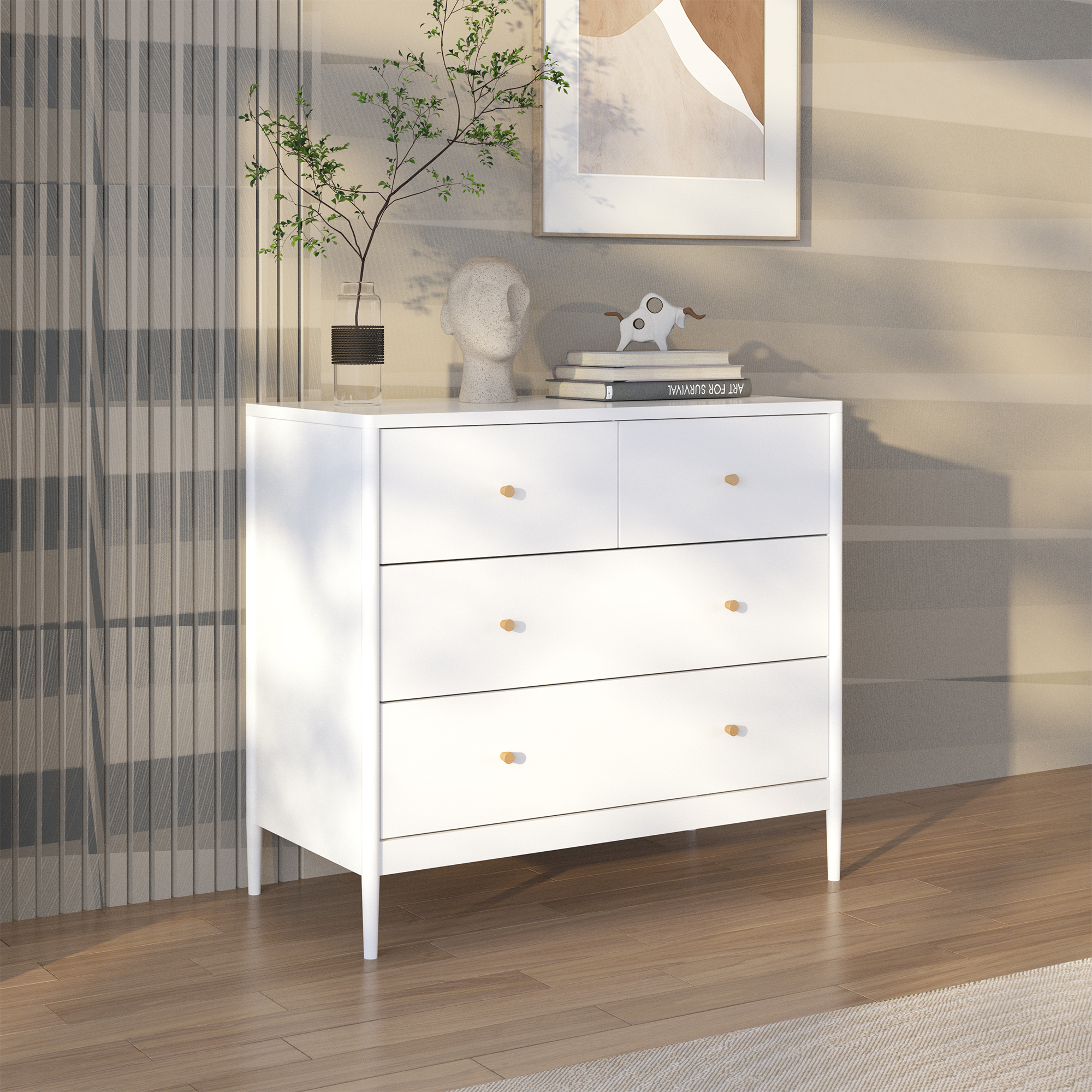 Anmytek White 4 Drawer Kids Dresser 35.4 Inch Wide Wooden Storage Cabinet Multifunctional Organizer for Toddler Bedroom Nursery Closet Living Room Apartment
