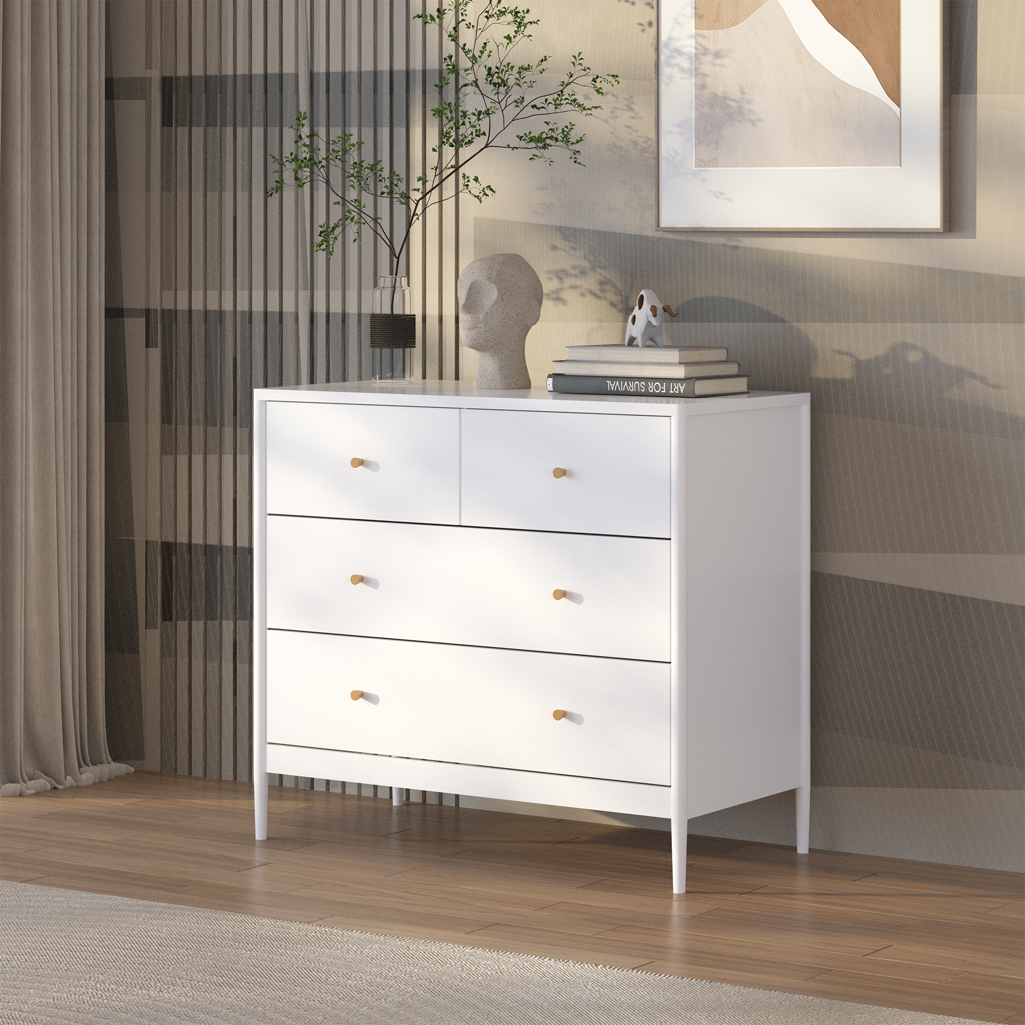 Anmytek White 4 Drawer Kids Dresser 35.4 Inch Wide Wooden Storage Cabinet Multifunctional Organizer for Toddler Bedroom Nursery Closet Living Room Apartment