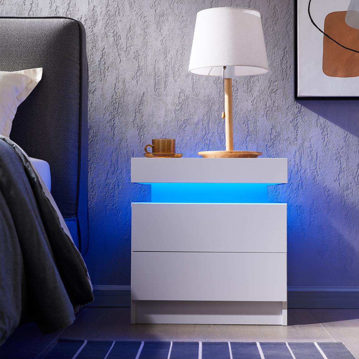 Anmytek White LED Nightstand Modern Bedside Cabinet with 2 Drawers End Side Table for Bedroom