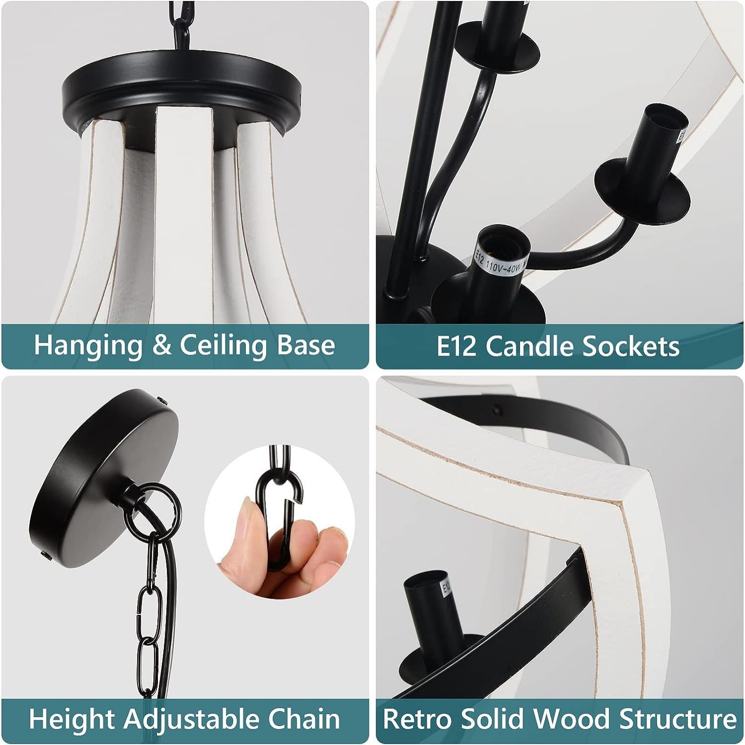 Anmytek White Solid Wood Chandelier Modern Hanging Light Fixture for Dining Room Living Room Home Decor