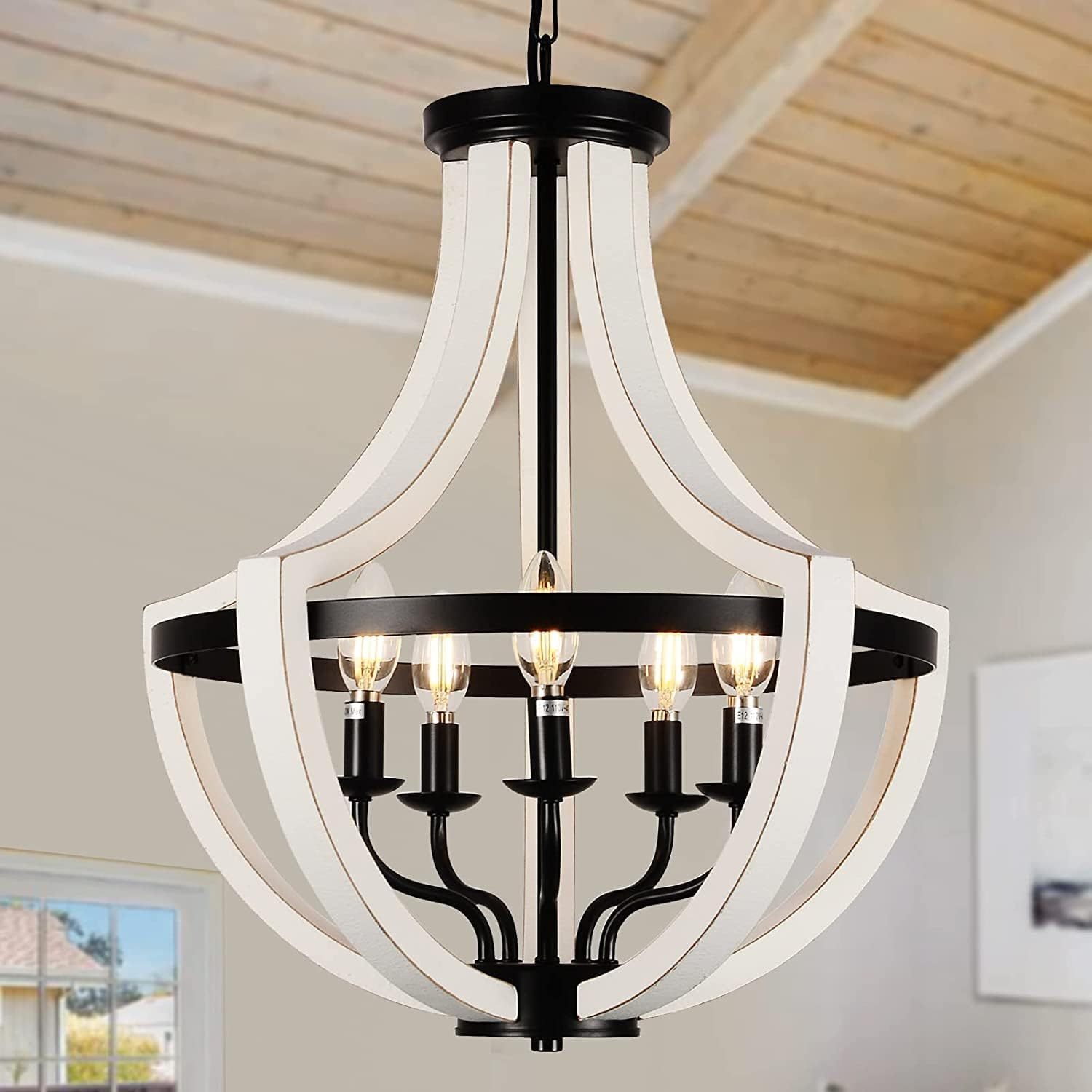 Anmytek White Solid Wood Chandelier Modern Hanging Light Fixture for Dining Room Living Room Home Decor