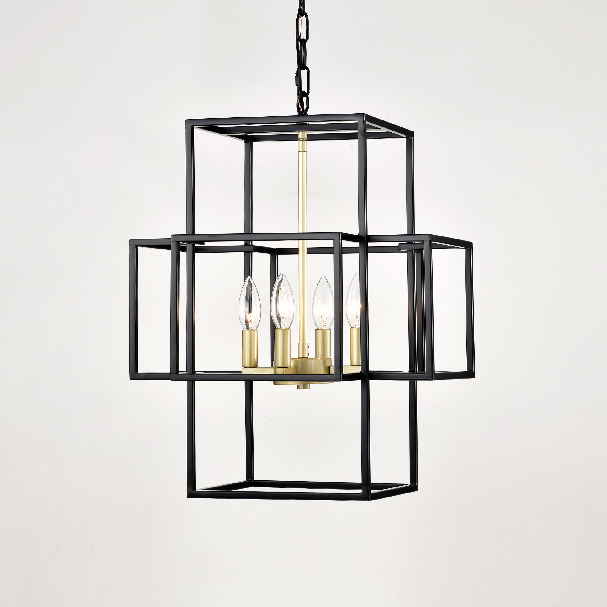 Anmytek 4‑Light Tiered Metal Lantern Chandelier Industrial Farmhouse Adjustable Height Hanging Light Fixture Matte Black Gold Finish for Dining Room Hallway Foyer Entryway Kitchen Island