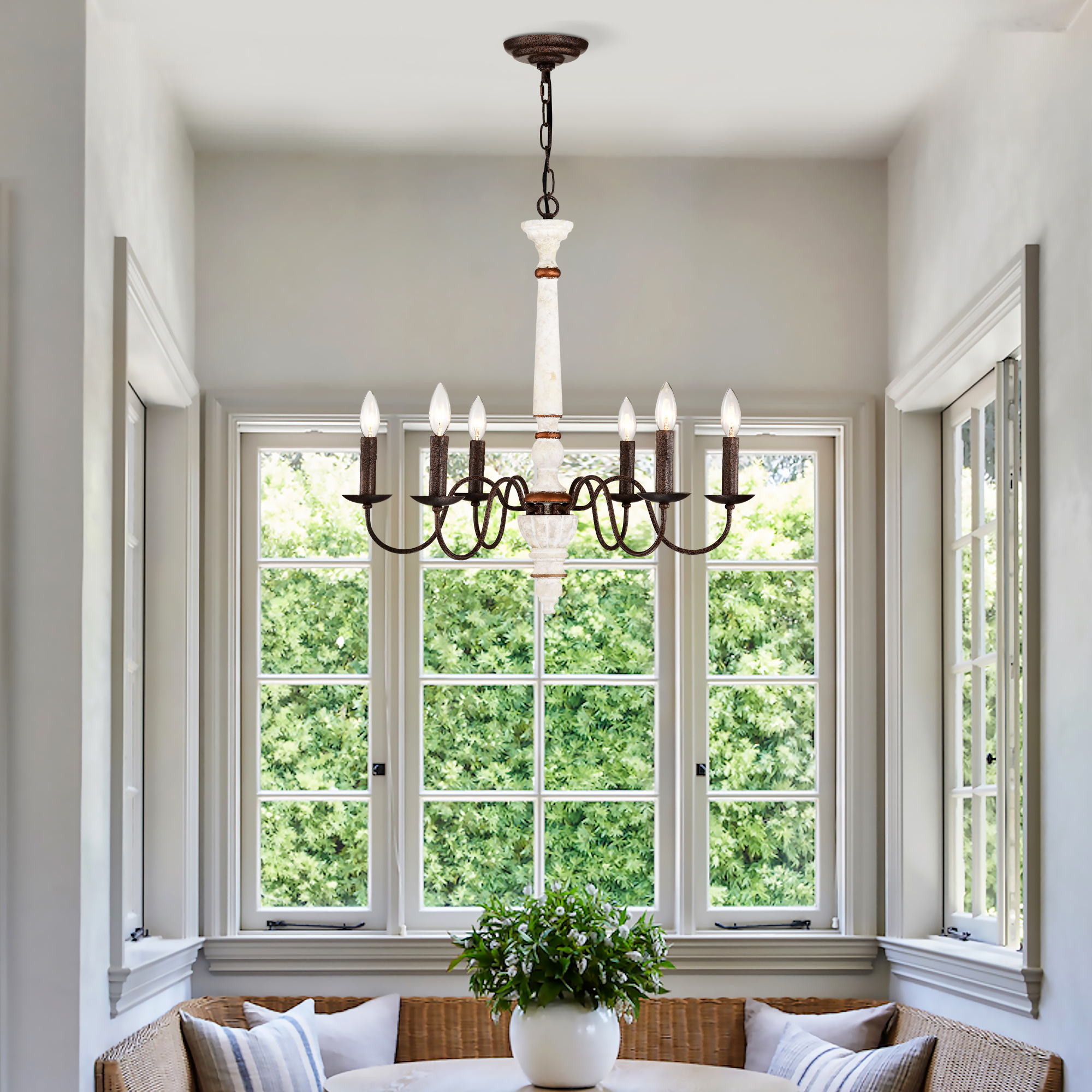 Anmytek Retro White and Rust Chandelier 6 Light E12 Pendant Light for Dining Room Kitchen Living Room