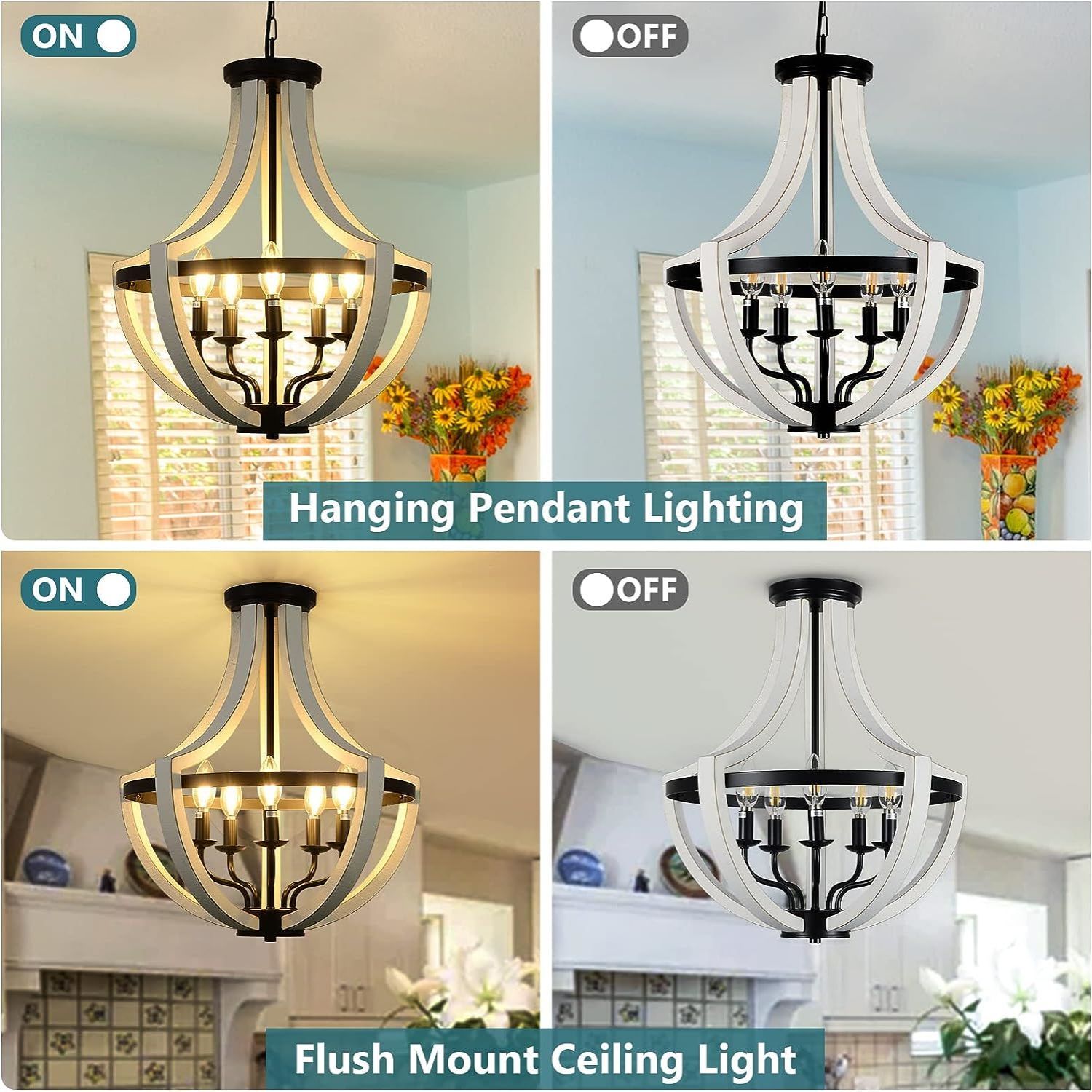 Anmytek White Solid Wood Chandelier Modern Hanging Light Fixture for Dining Room Living Room Home Decor