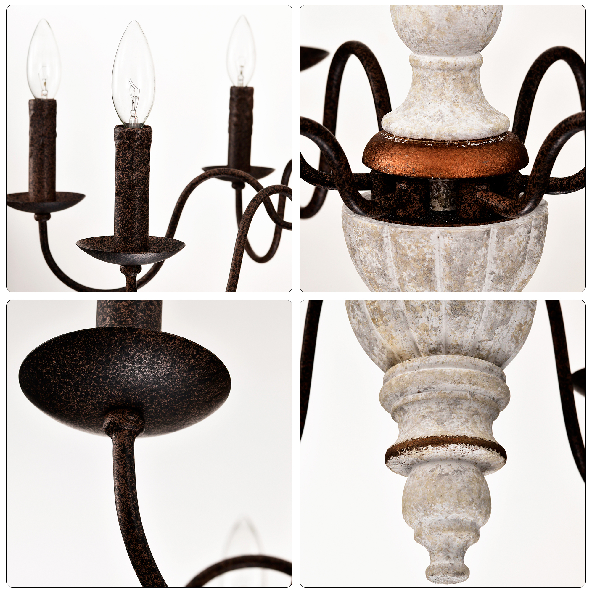 Anmytek Retro White and Rust Chandelier 6 Light E12 Pendant Light for Dining Room Kitchen Living Room