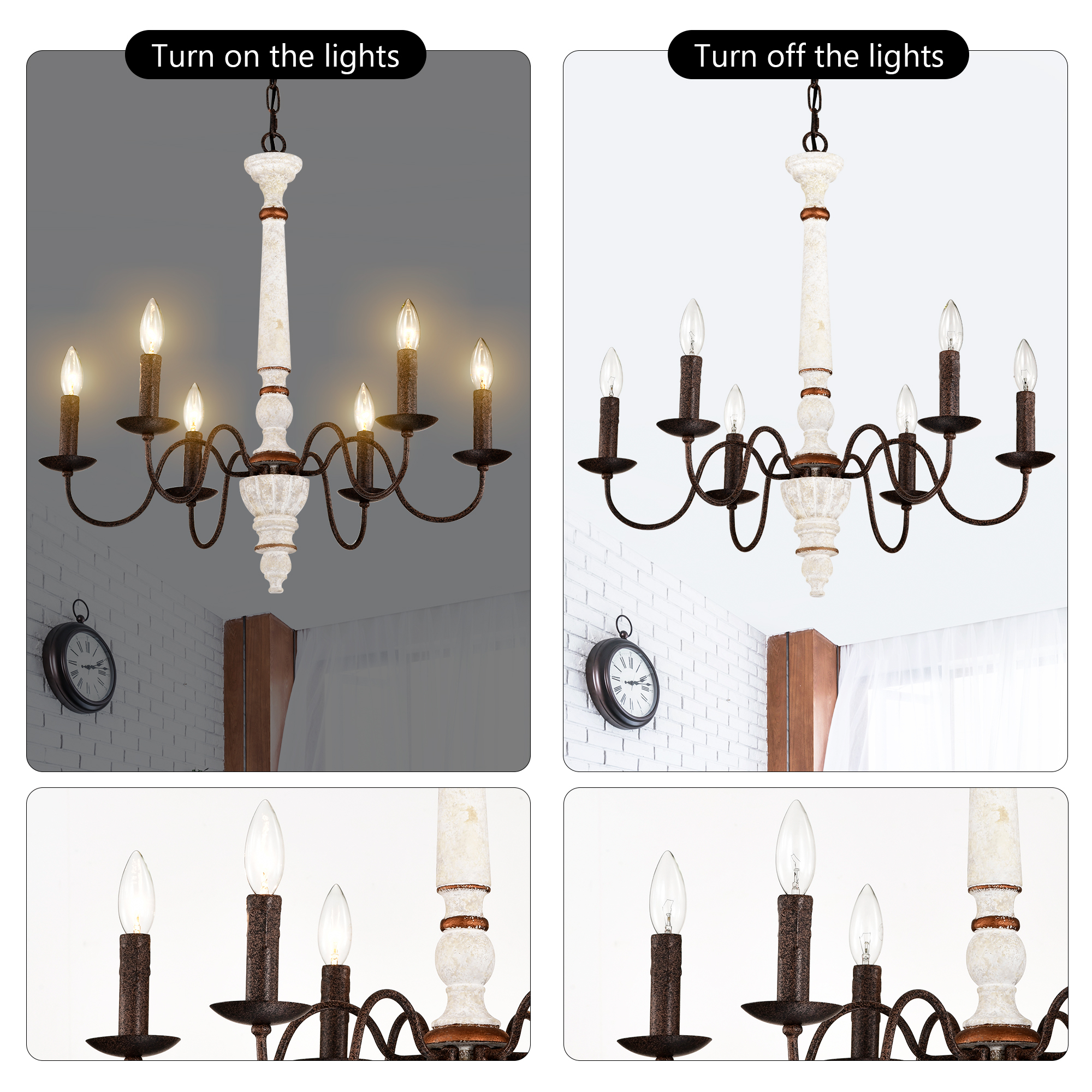 Anmytek Retro White and Rust Chandelier 6 Light E12 Pendant Light for Dining Room Kitchen Living Room