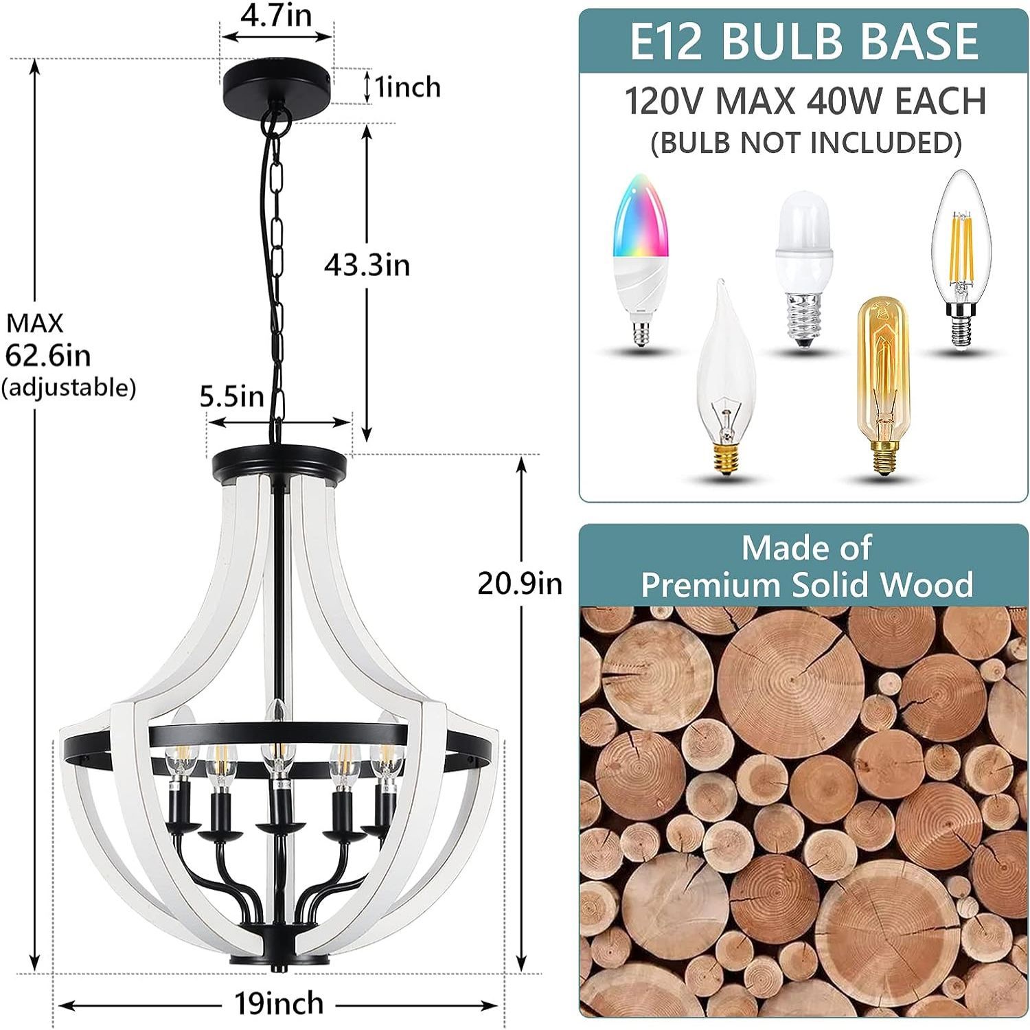 Anmytek White Solid Wood Chandelier Modern Hanging Light Fixture for Dining Room Living Room Home Decor