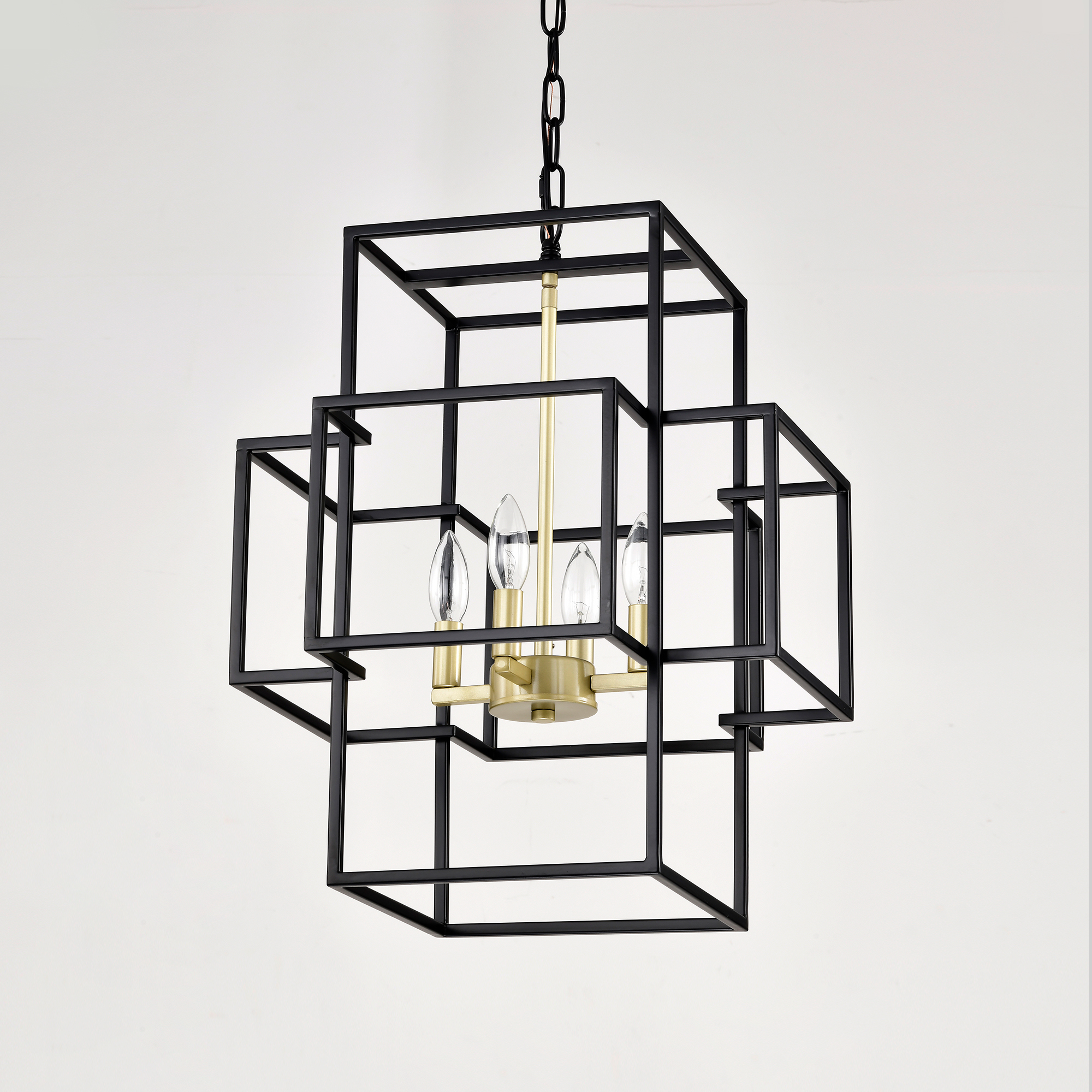 Anmytek 4‑Light Tiered Metal Lantern Chandelier Industrial Farmhouse Adjustable Height Hanging Light Fixture Matte Black Gold Finish for Dining Room Hallway Foyer Entryway Kitchen Island