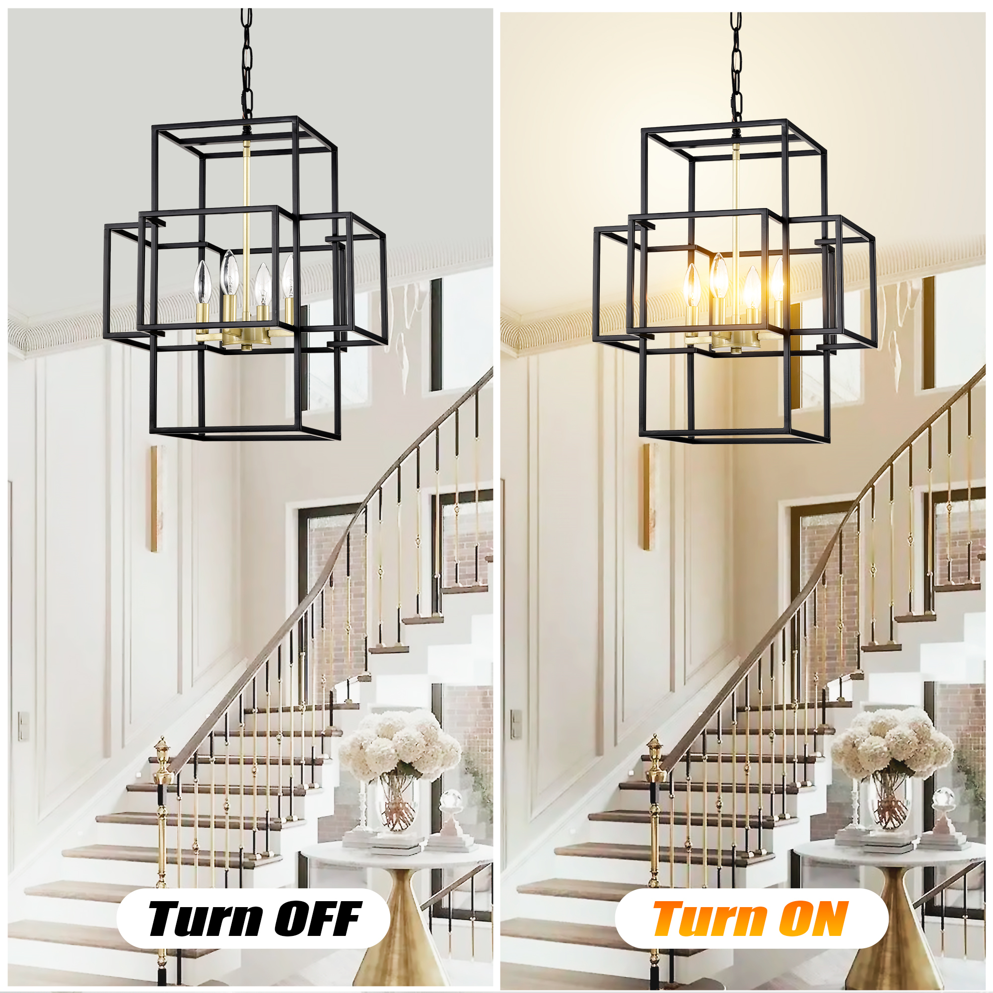 Anmytek 4‑Light Tiered Metal Lantern Chandelier Industrial Farmhouse Adjustable Height Hanging Light Fixture Matte Black Gold Finish for Dining Room Hallway Foyer Entryway Kitchen Island