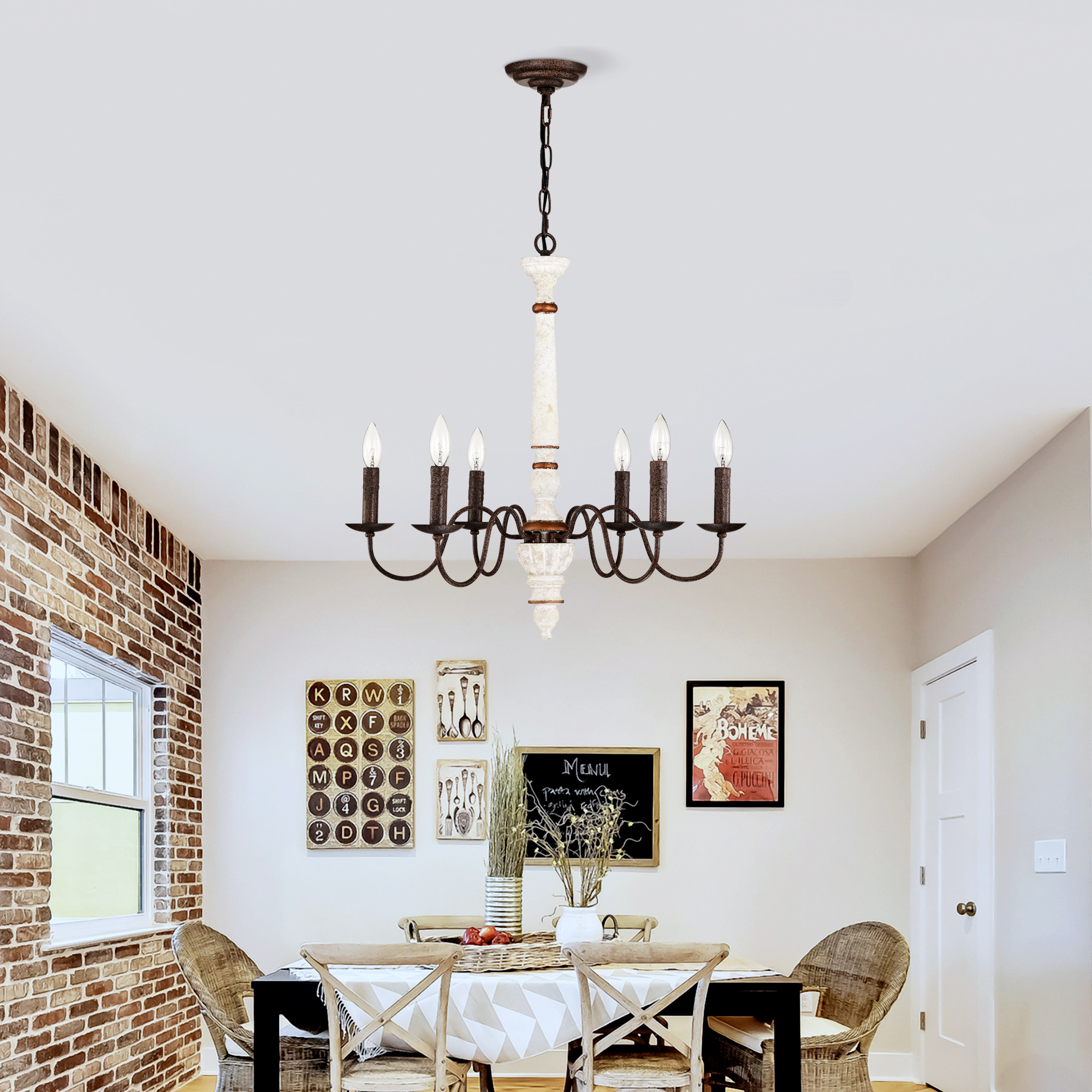 Anmytek Retro White and Rust Chandelier 6 Light E12 Pendant Light for Dining Room Kitchen Living Room