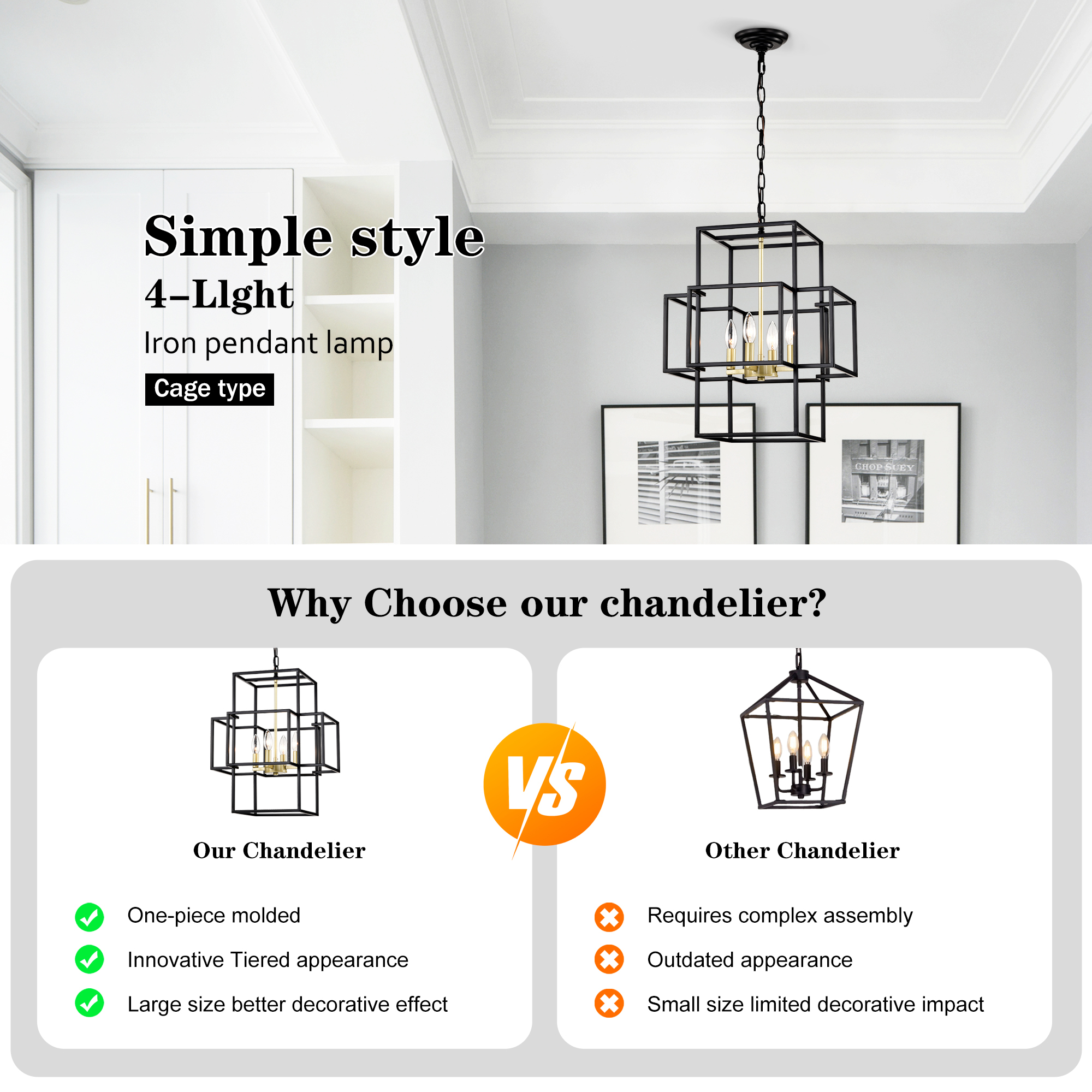Anmytek 4‑Light Tiered Metal Lantern Chandelier Industrial Farmhouse Adjustable Height Hanging Light Fixture Matte Black Gold Finish for Dining Room Hallway Foyer Entryway Kitchen Island