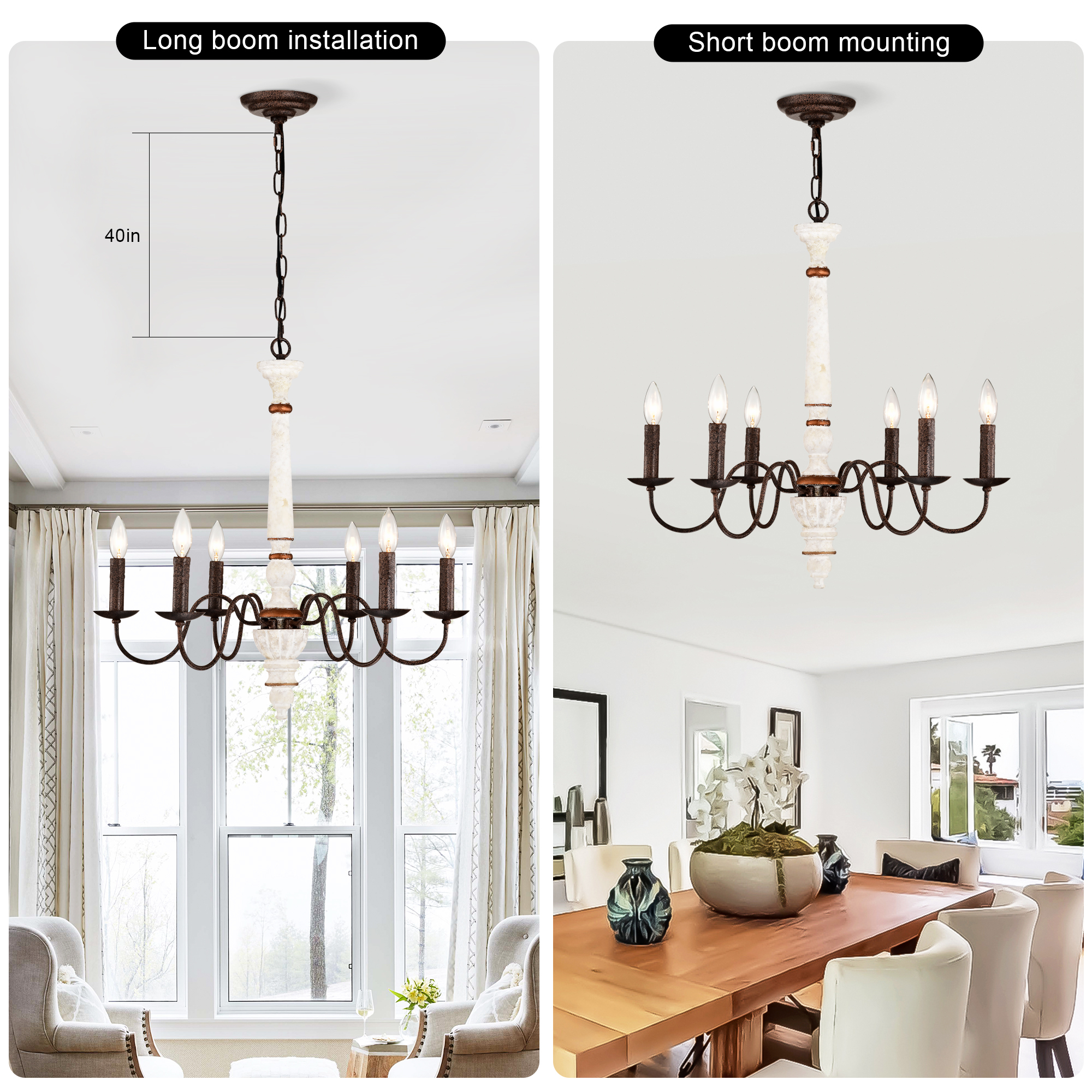 Anmytek Retro White and Rust Chandelier 6 Light E12 Pendant Light for Dining Room Kitchen Living Room